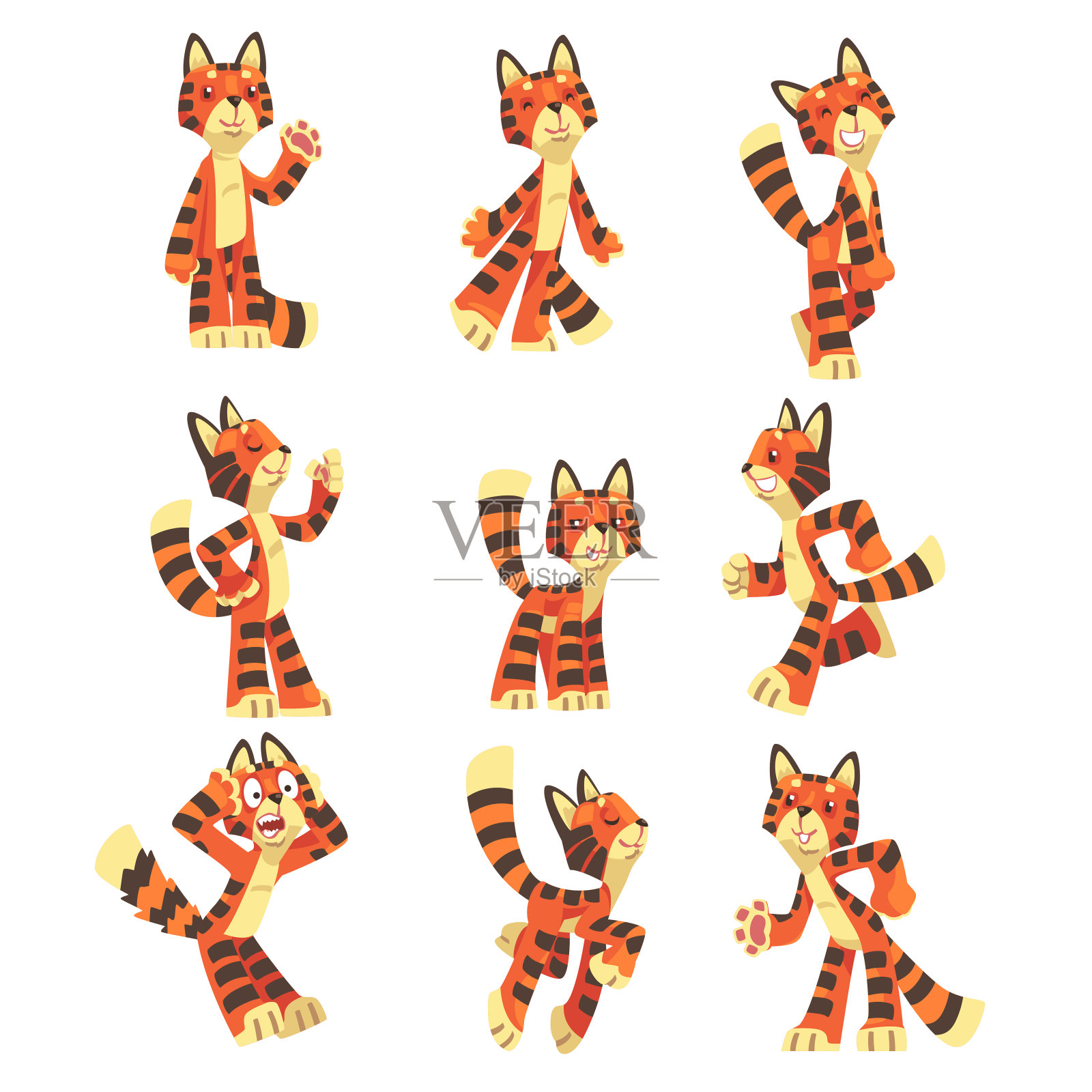 带橙色皮毛的条纹老虎角色站立和运行向量集插画图片素材