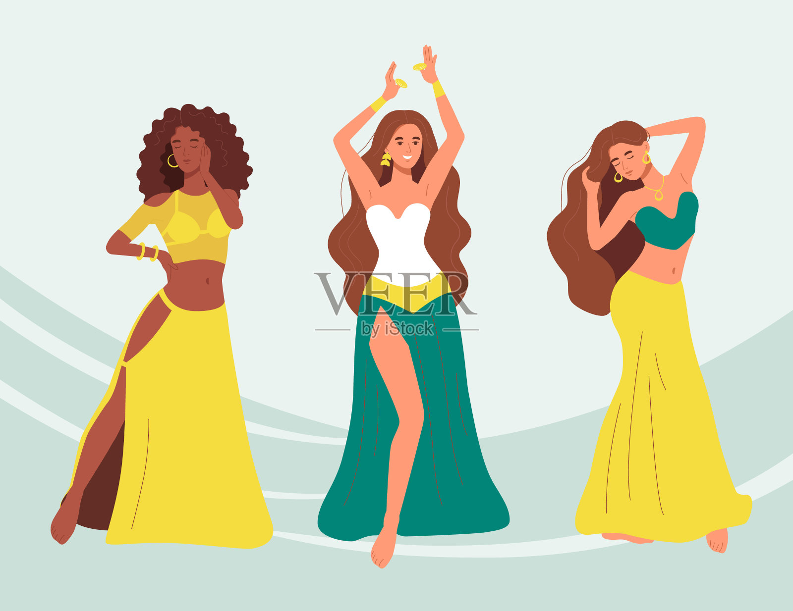 穿着东方服装、留着长发的肚皮舞女郎。专业的阿拉伯舞蹈表演由年轻美丽的女孩。土耳其民族服饰中的女性性感身体。文化异国传统的孤立矢量插图插画图片素材