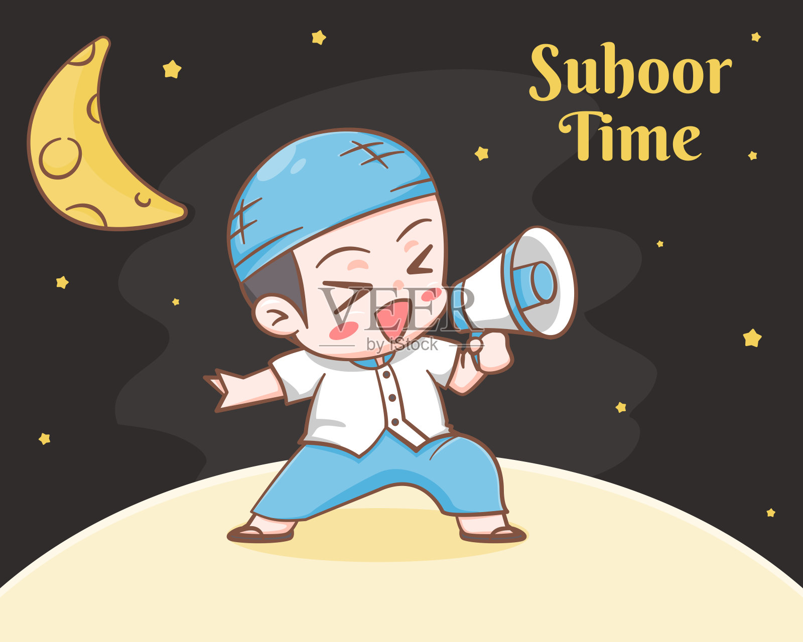 苏霍尔时间与可爱的穆斯林男孩卡通插图插画图片素材
