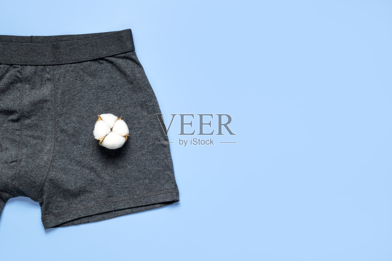 男士内裤，灰色内裤和棉花在蓝色的背景。自然面料理念，生态风格。平躺顶视图复制空间。时尚内衣，广告，购物。裤子拳击手照片摄影图片