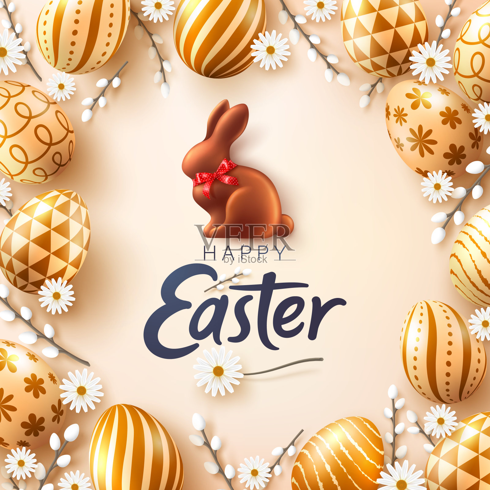 复活节海报和横幅模板与复活节彩蛋和可爱的兔子。在复活节的问候和礼物平铺造型。复活节促销和购物模板插画图片素材