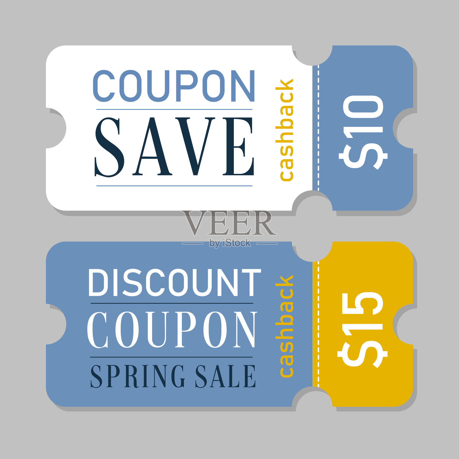 特别优惠礼券模板，以节省金钱。货币券与5,10美元折扣购物矢量插图孤立在白色背景插画图片素材