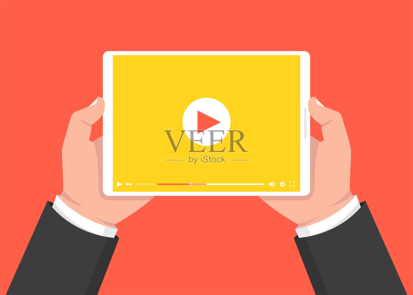 手持平板和触摸屏。屏幕上有视频播放器。矢量插图。插画图片素材