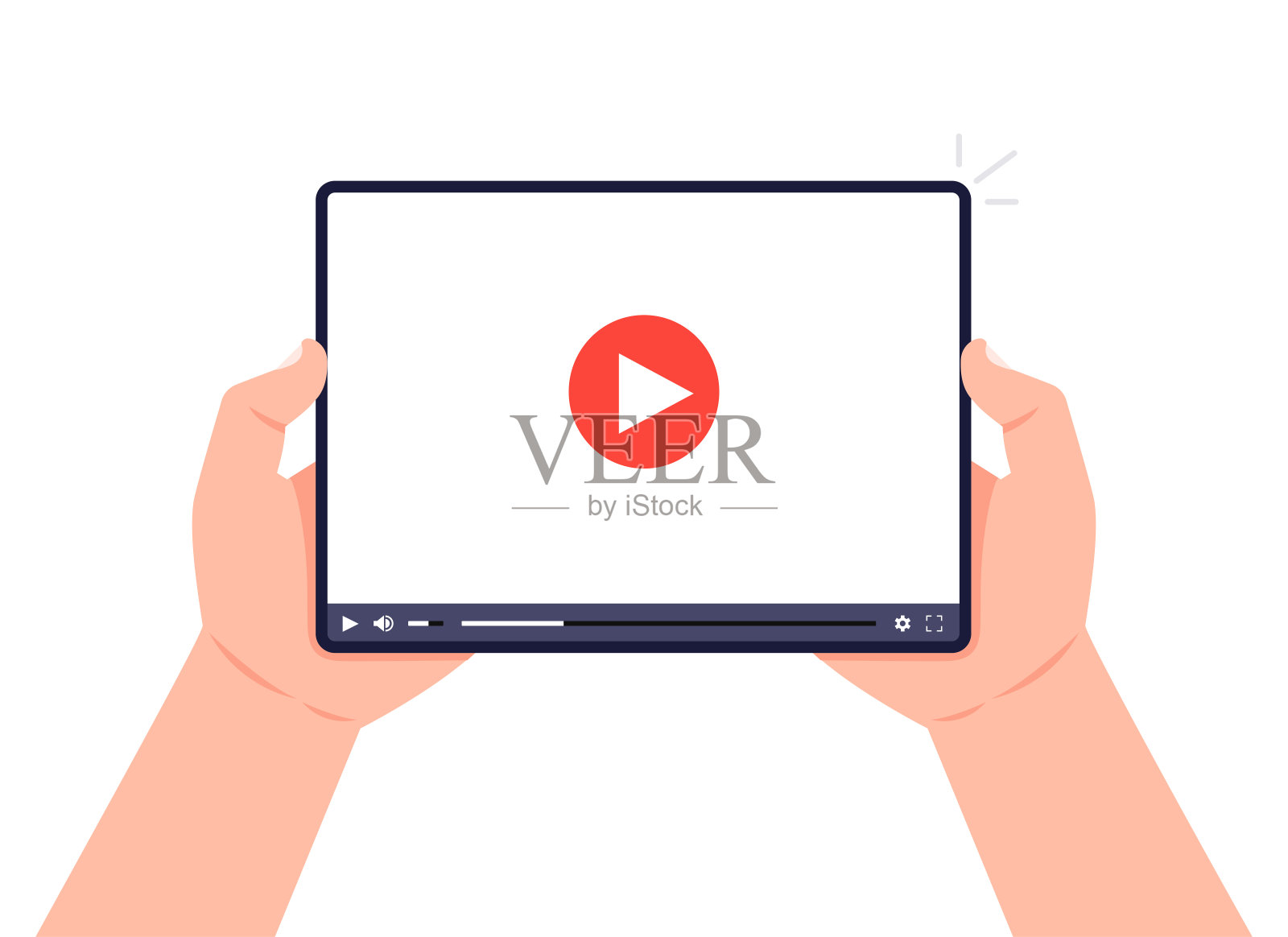 手持平板电脑，屏幕上有视频播放器。视频营销理念:教程、讲座、会议、网络研讨会。矢量插图。插画图片素材