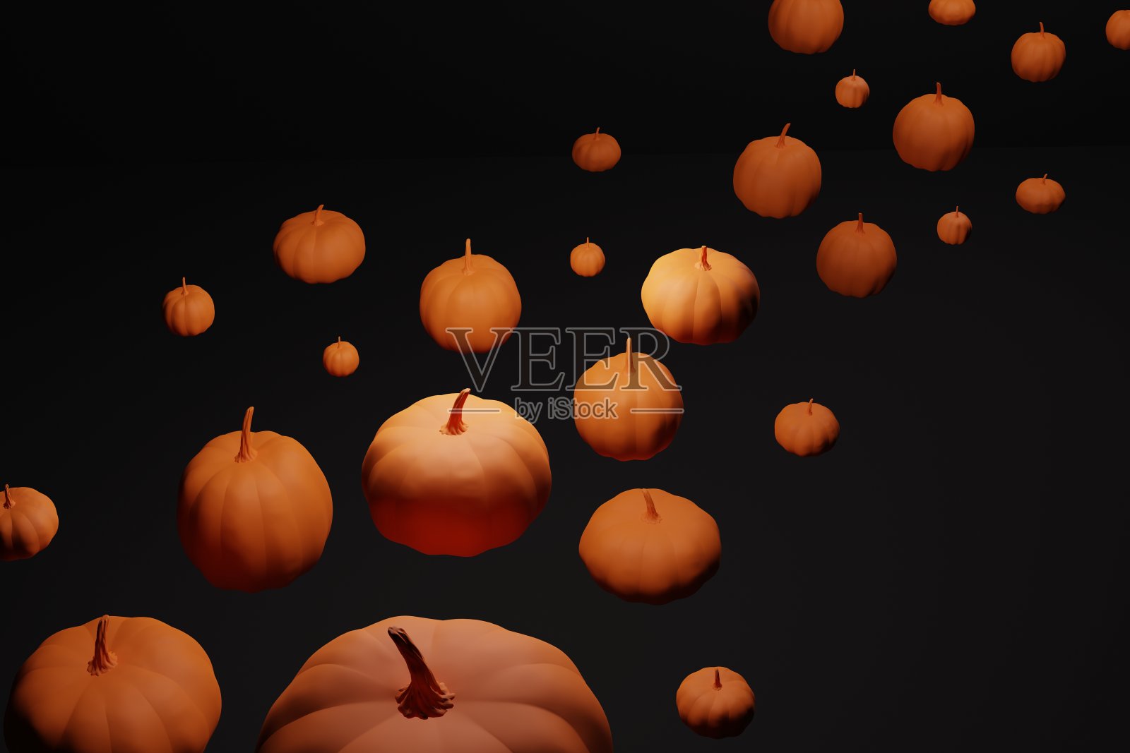 在反重力3d插图的黑暗背景上发光的橙色万圣节南瓜流照片摄影图片