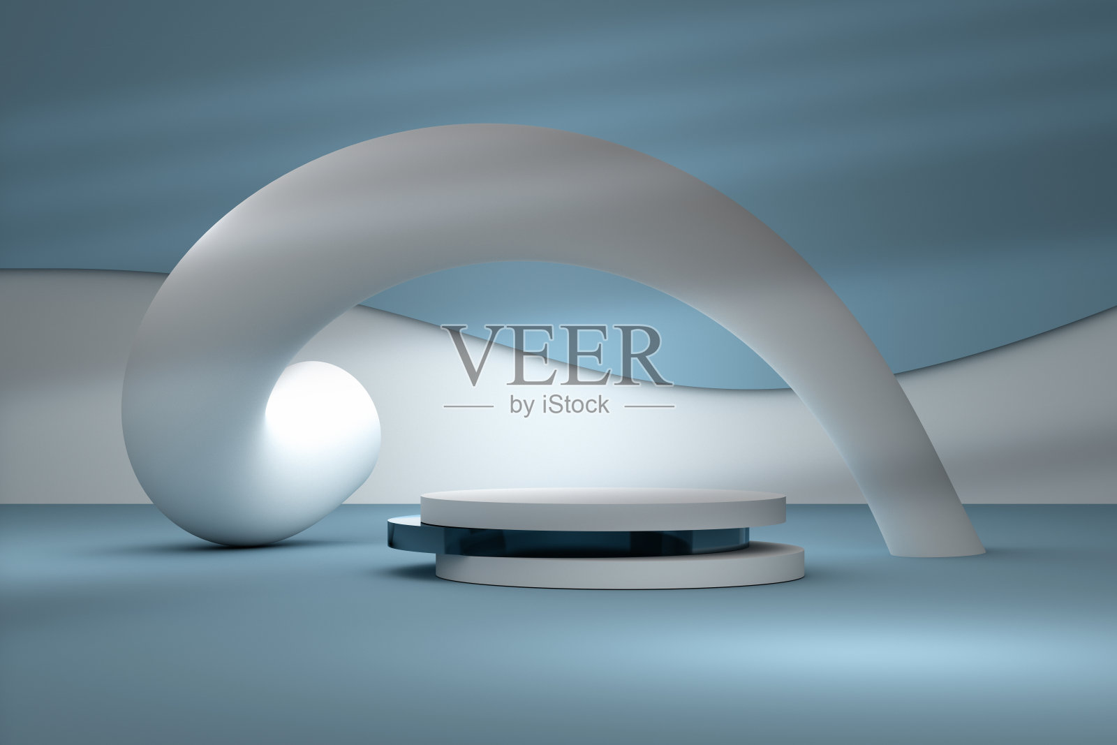 抽象的产品展示底座，蓝色和白色的曲线形状照片摄影图片