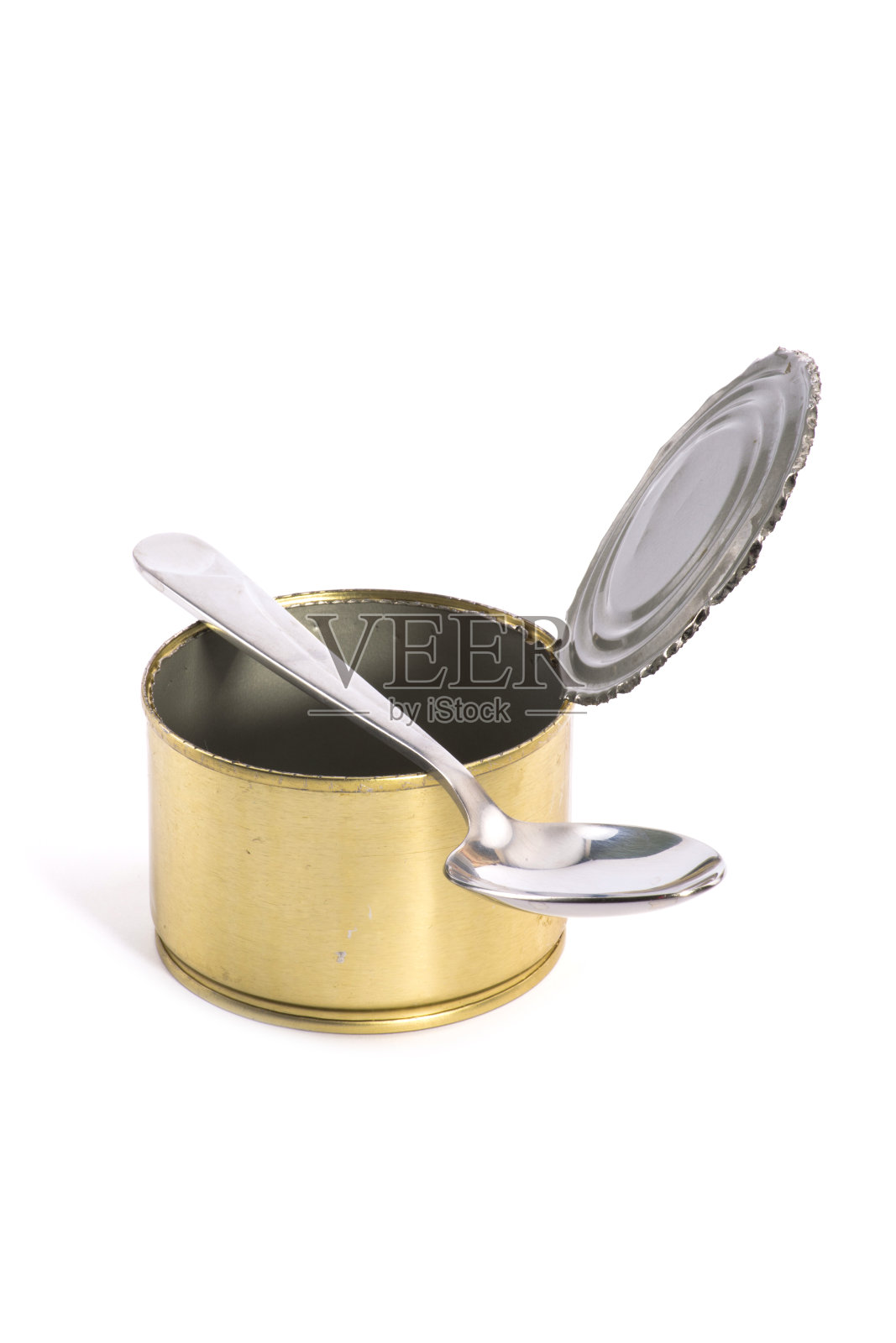 空锡罐与勺子孤立在白色背景照片摄影图片