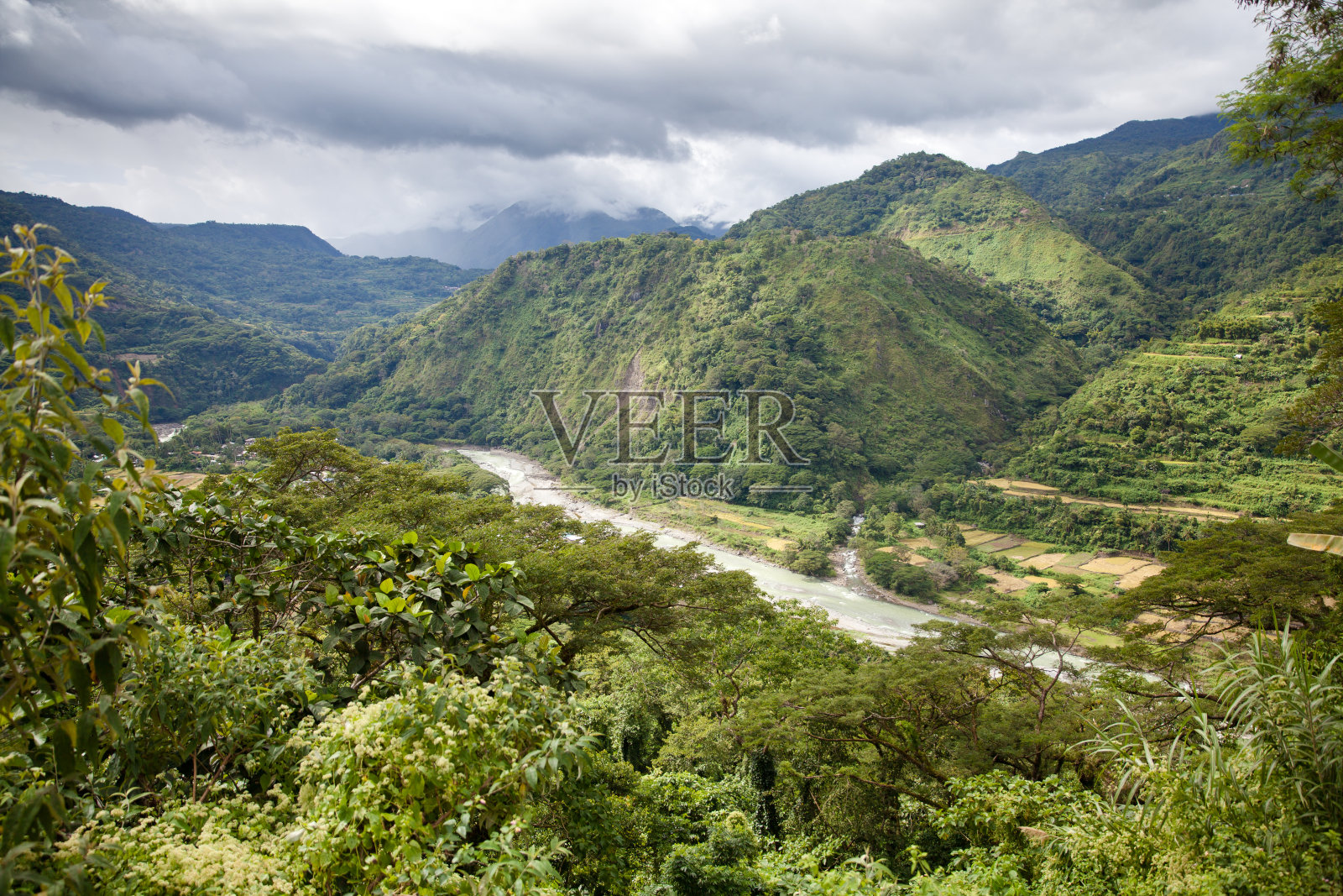 美丽自然景观。峡谷中的河流。水流。丛林中的热带树木和山间河流。菲律宾的自然风光。照片摄影图片