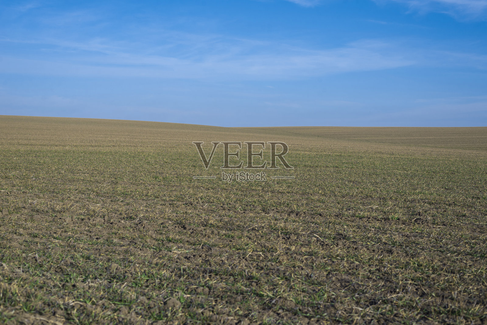 犁过的田野，湛蓝的天空。照片摄影图片