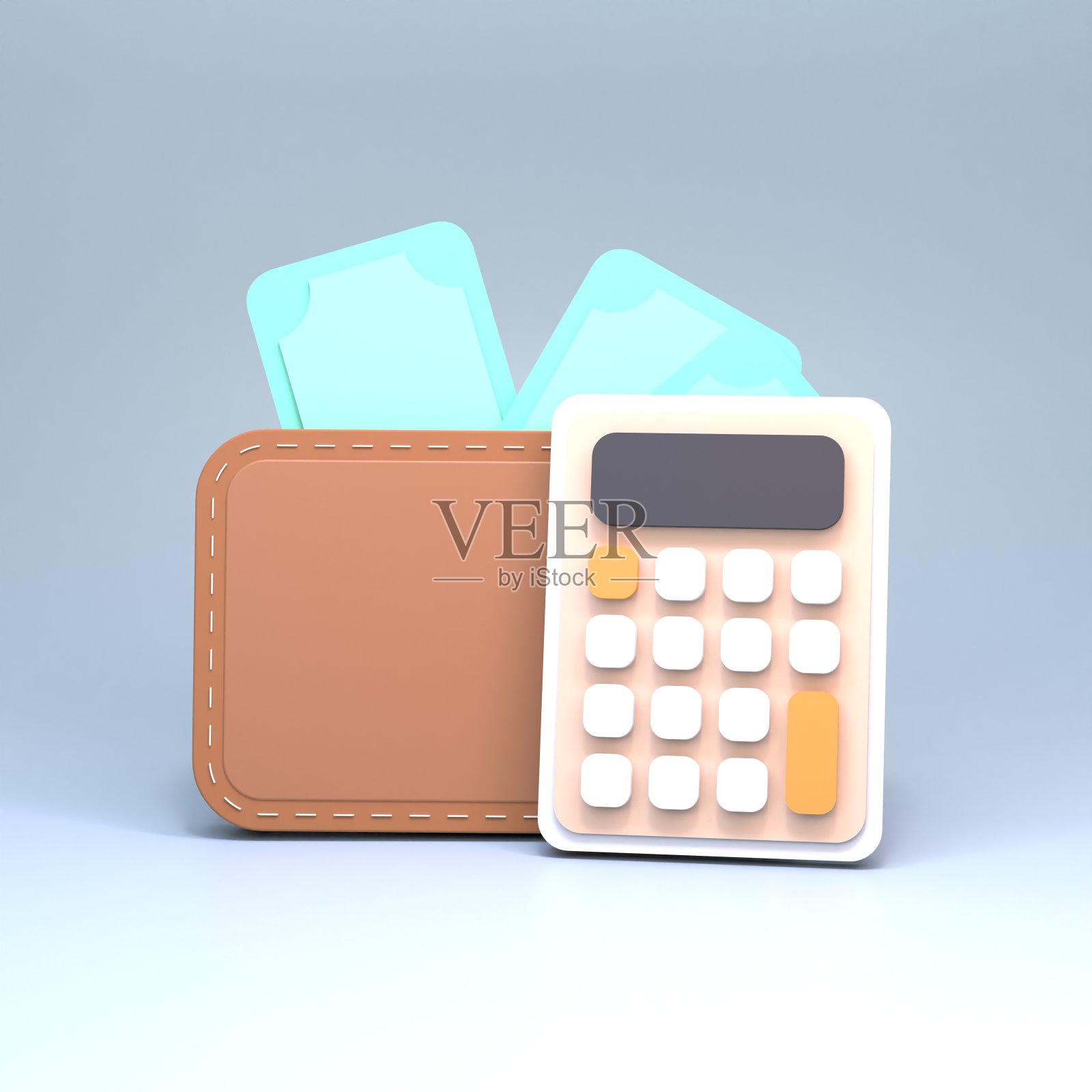 有钱的计算器和钱包。3 d渲染器照片摄影图片