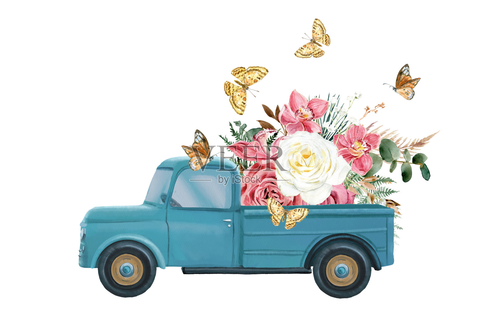 夏季卡车水彩插图与波西米亚花和蝴蝶在白色背景插画图片素材