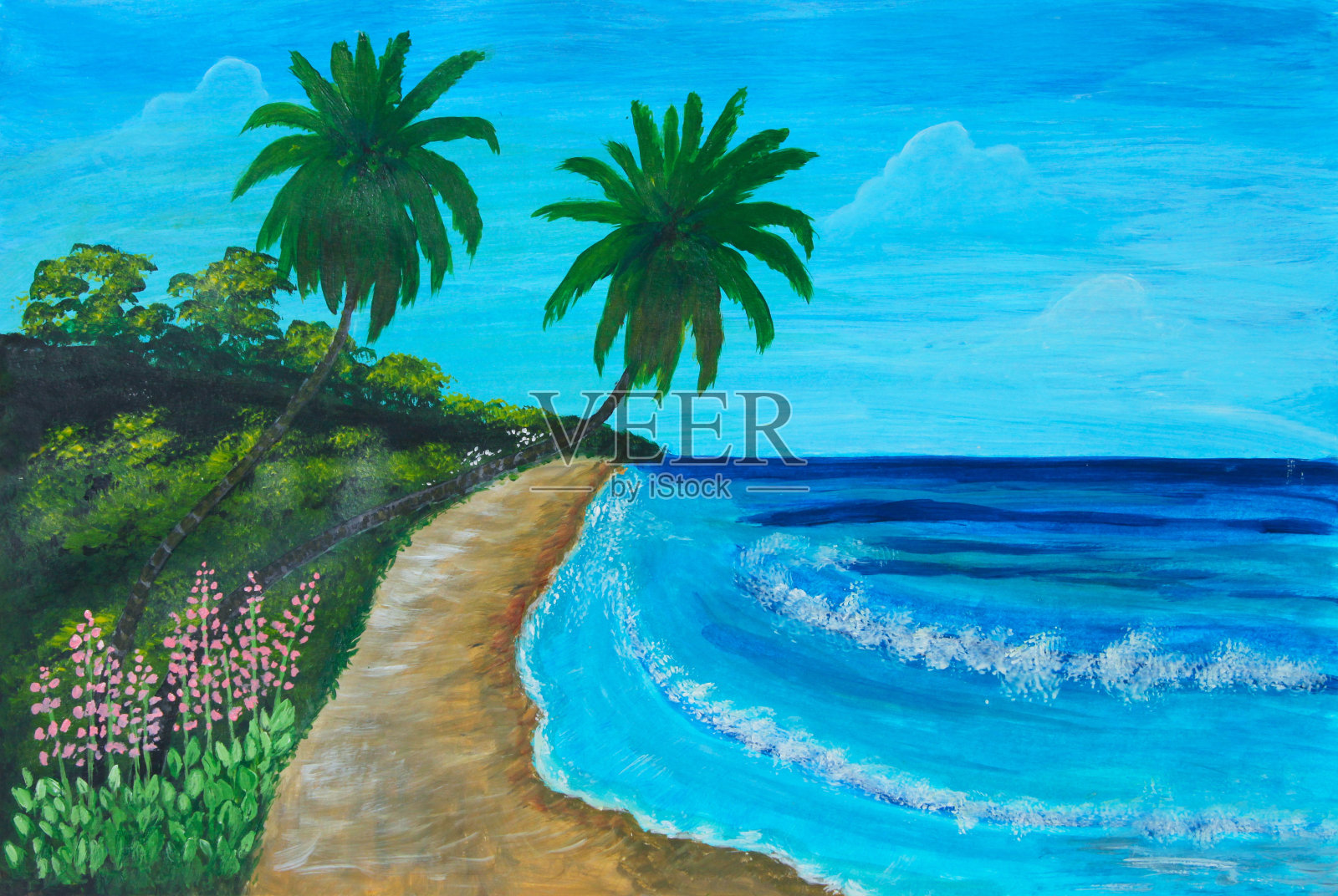 热带海岸线帆布油画插画图片素材