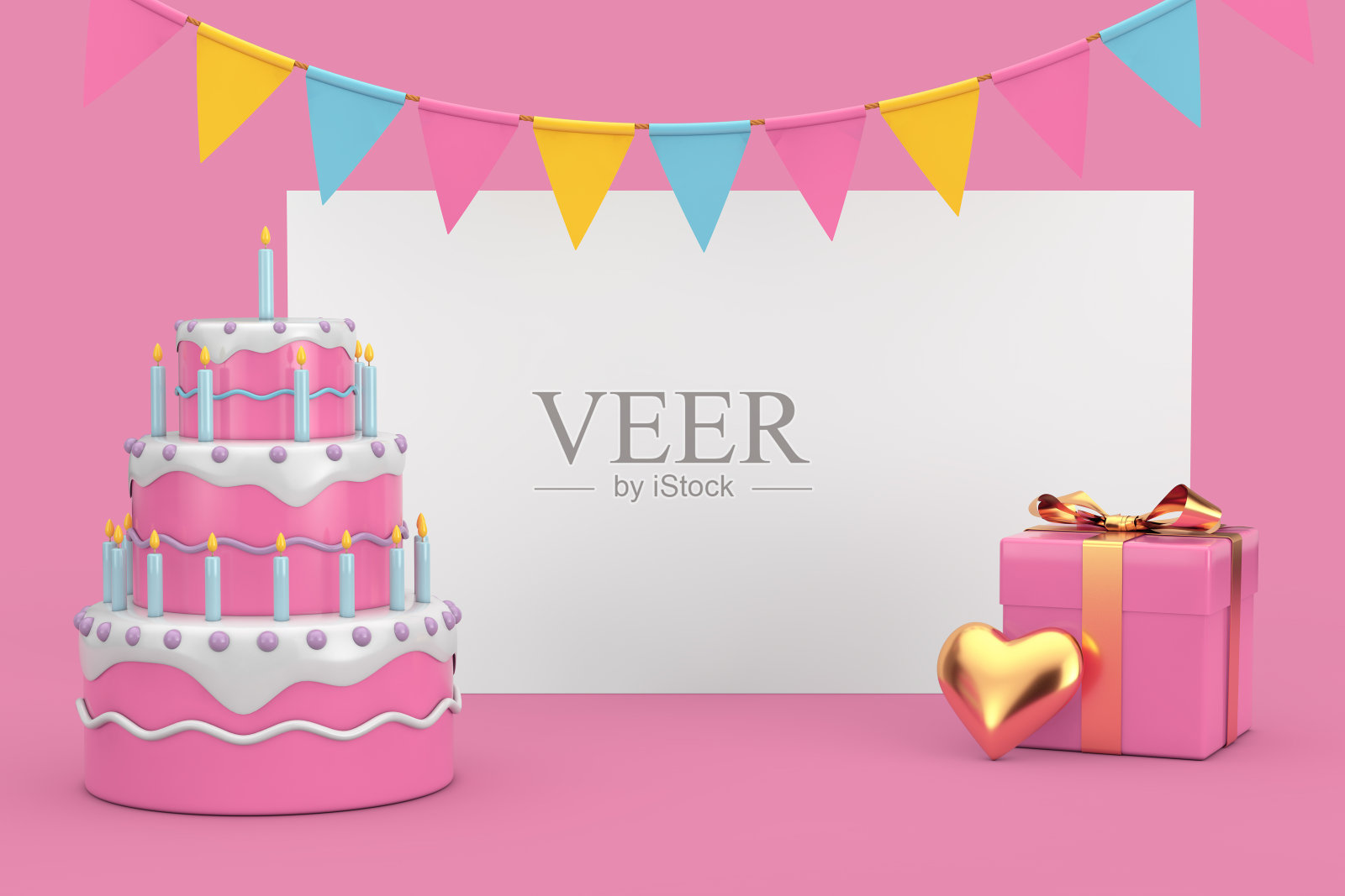 生日卡通甜点分层蛋糕与蜡烛，礼盒与金色丝带和心，彩色旗子和白色空白框架为您的设计。3d渲染照片摄影图片