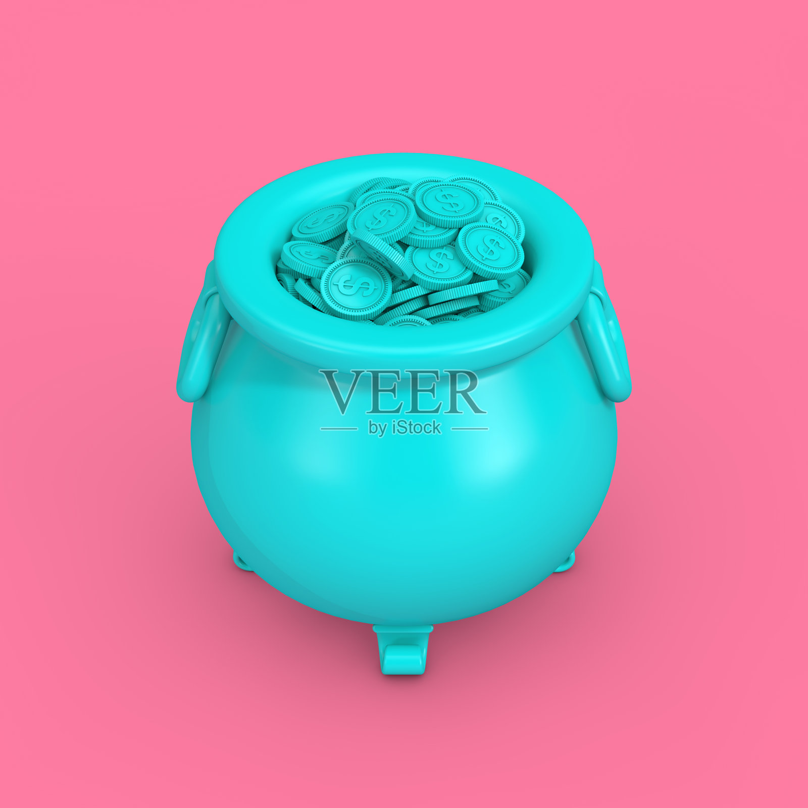 蓝铁大锅里装满了硬币，多色调。3d渲染照片摄影图片