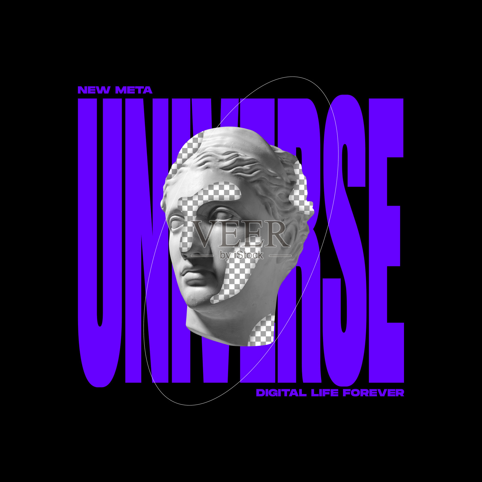 当代艺术拼贴。古色古香的雕像头，后面有大字体，孤立在黑色背景上。数字宇宙照片摄影图片