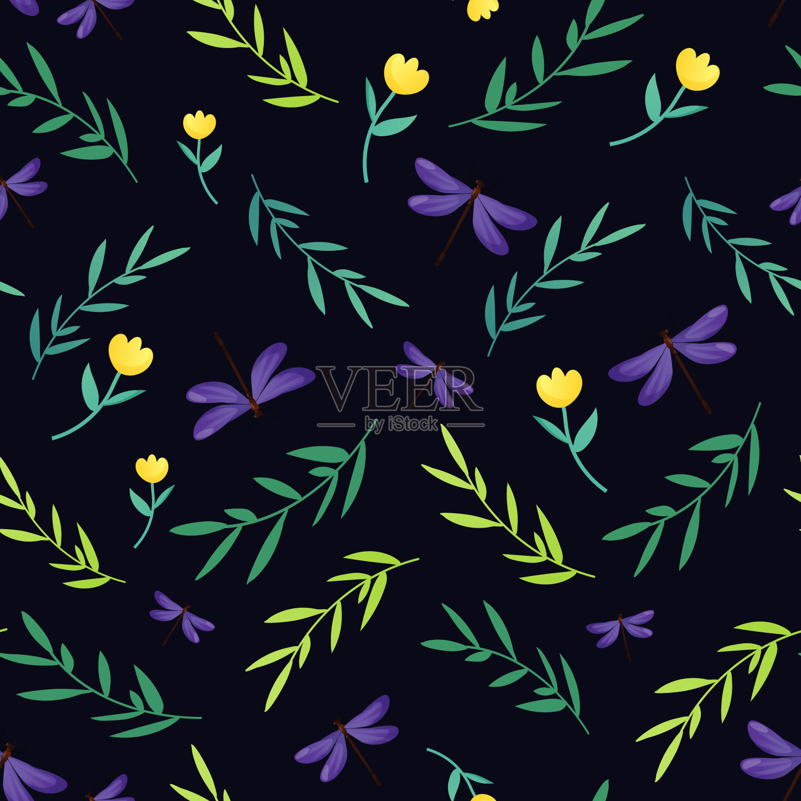 野花和蜻蜓的无缝图案。插画图片素材