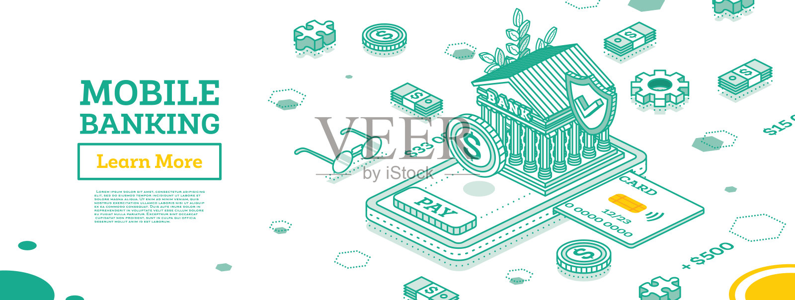 智能手机上的银行建设。等距金融概念。插画图片素材