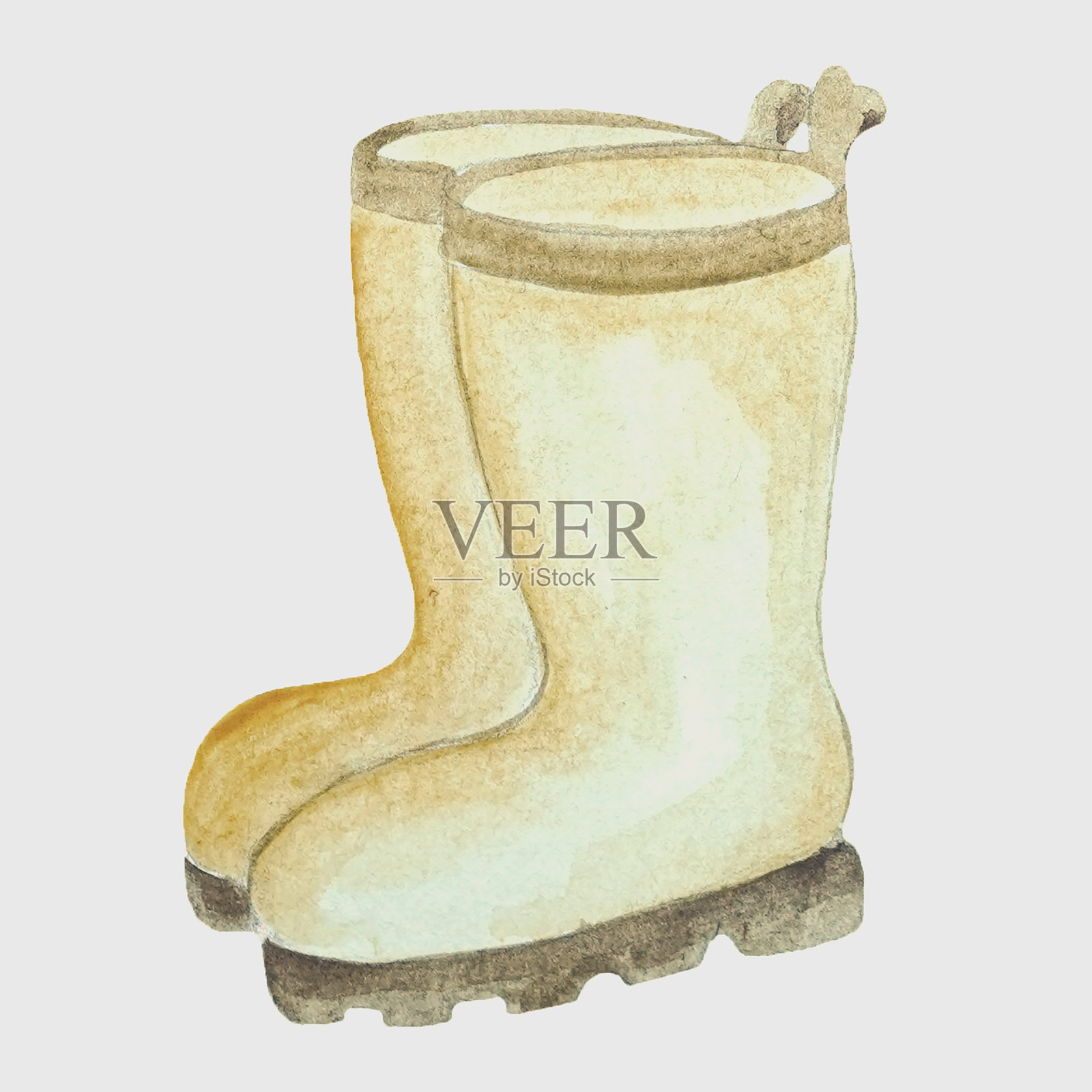 黄色橡胶园艺靴在一个白色的背景。园艺鞋，秋季防水鞋，水彩插画插画图片素材