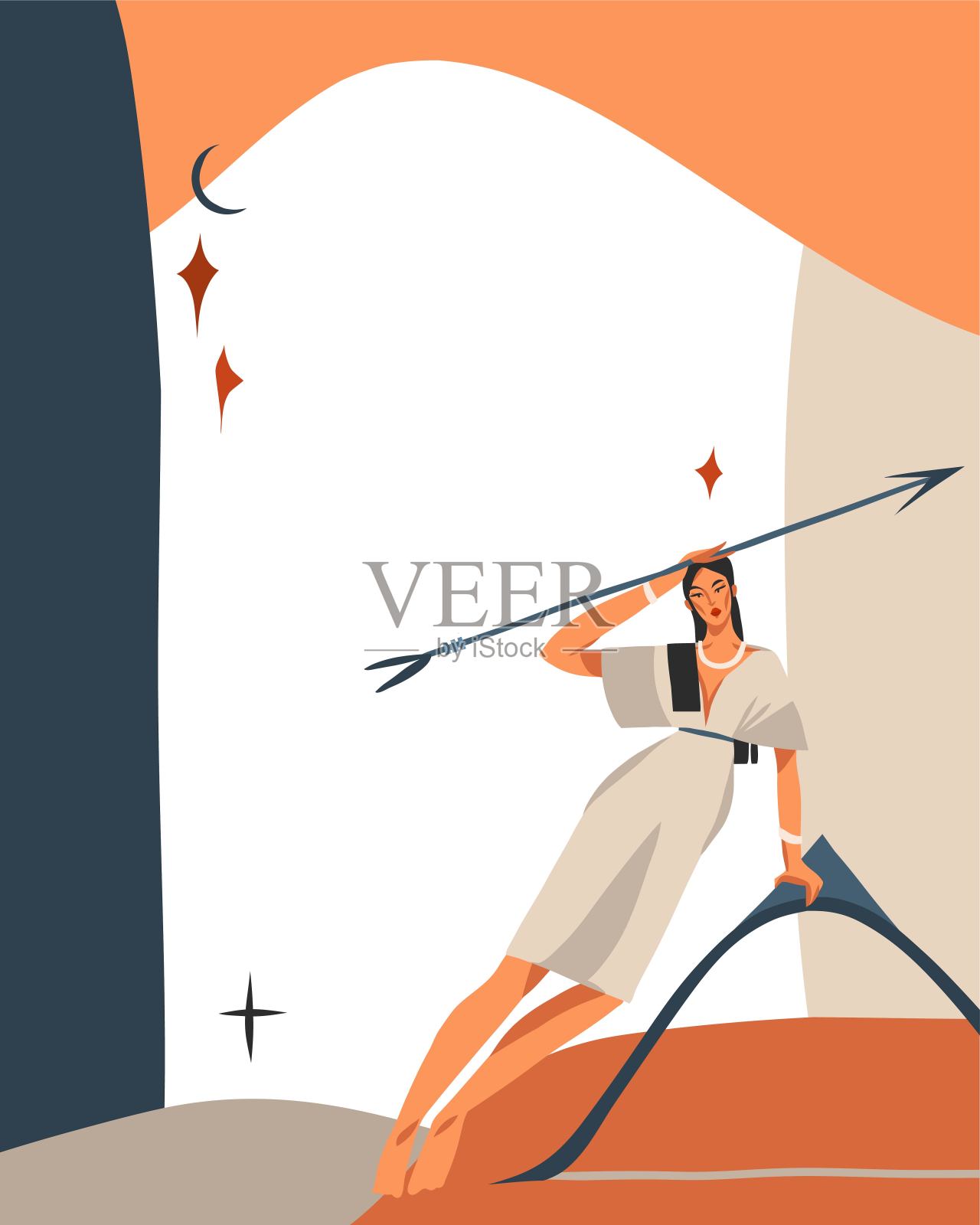 手绘矢量抽象图库简单星象学天文插画艺术与现代，拼贴艺术当代版画模板的波西奥星座星座射手座与女性性格。插画图片素材