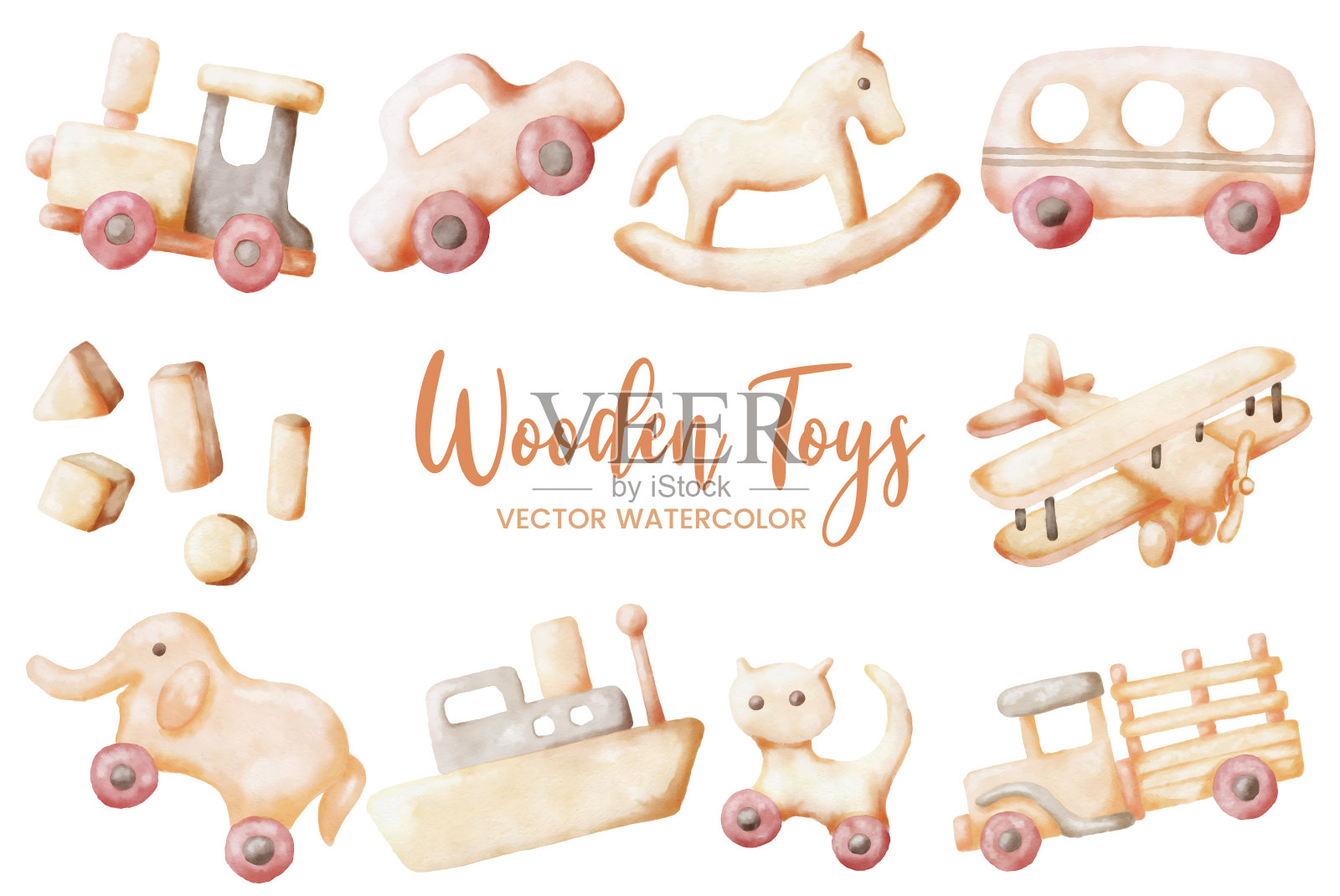 木制玩具水彩集收藏艺术平面设计插图插画图片素材