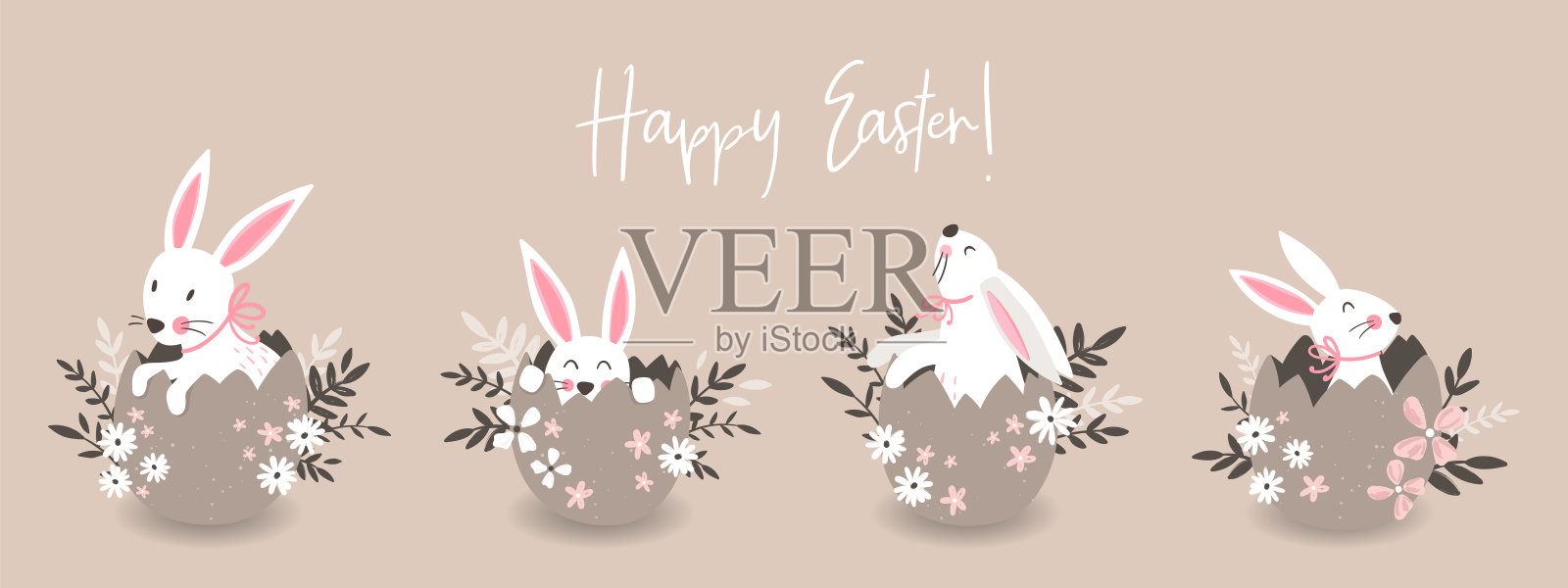 可爱的手绘复活节设计与可爱的兔子坐在复活节彩蛋，伟大的横幅，请柬，卡片-矢量设计插画图片素材