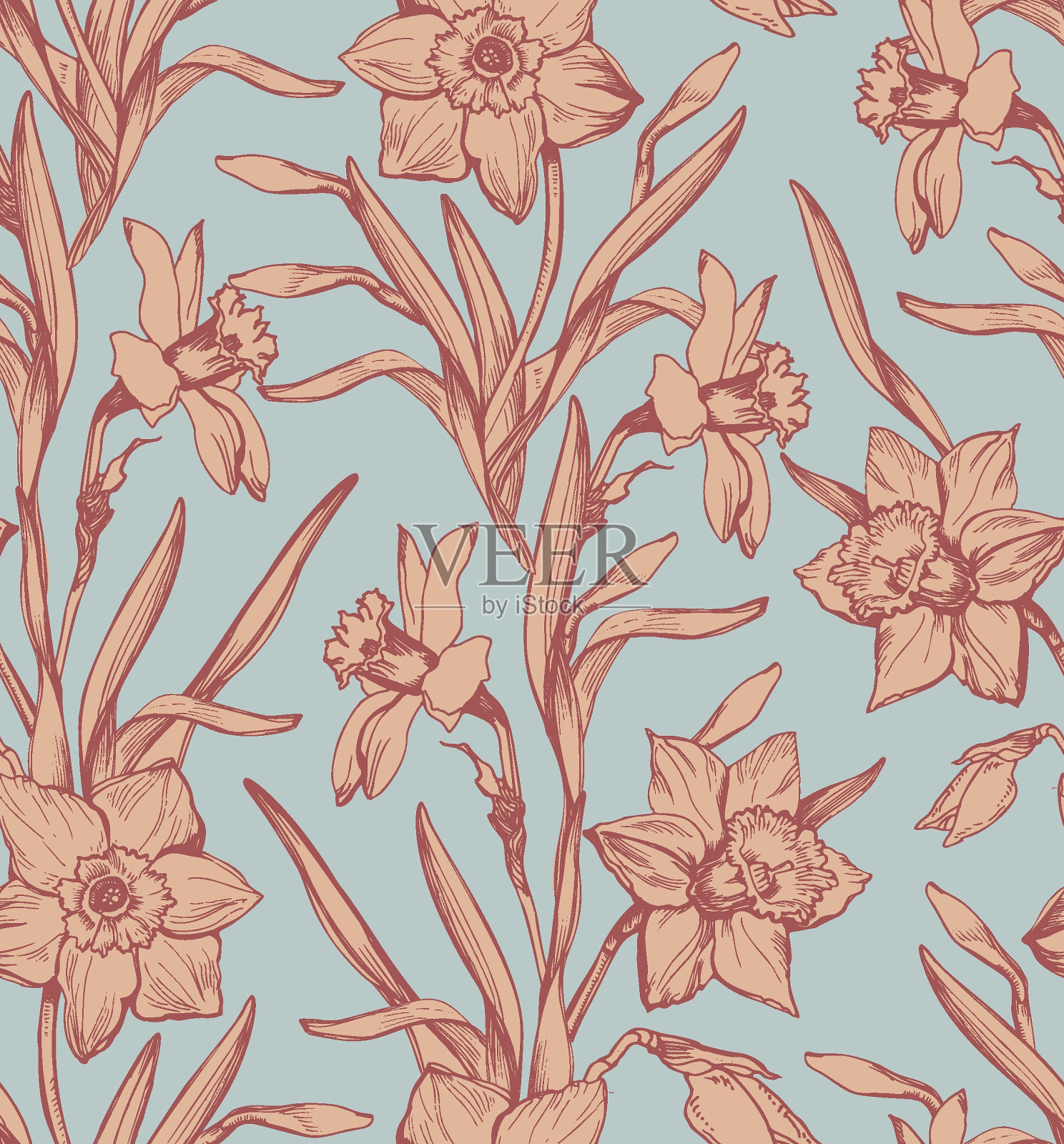 春天花无缝图案与优雅的水仙花在平静的大地色调。插画图片素材