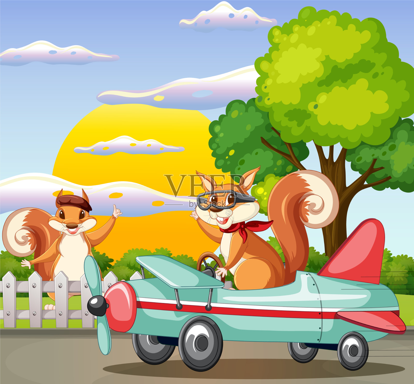 一只松鼠开飞机的场景插画图片素材