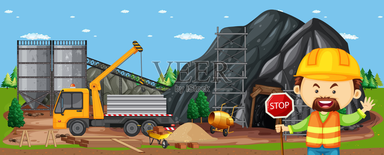 建筑施工现场的卡通场景插画图片素材