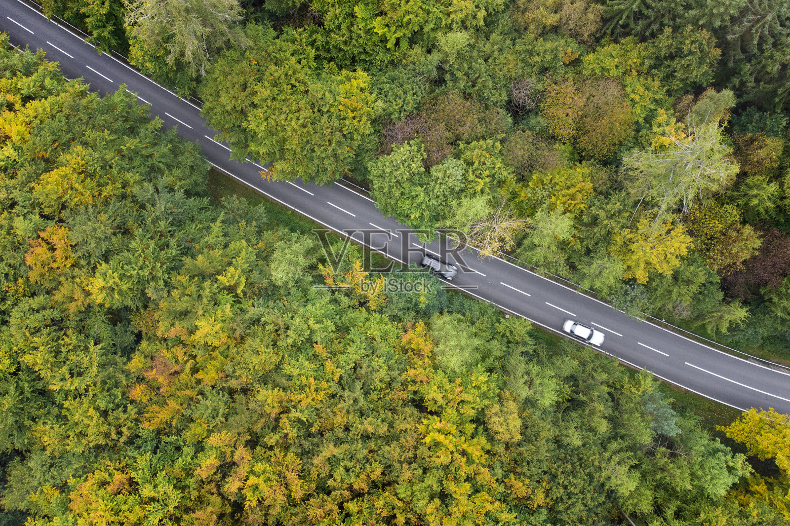 穿过秋天森林的路-鸟瞰照片摄影图片