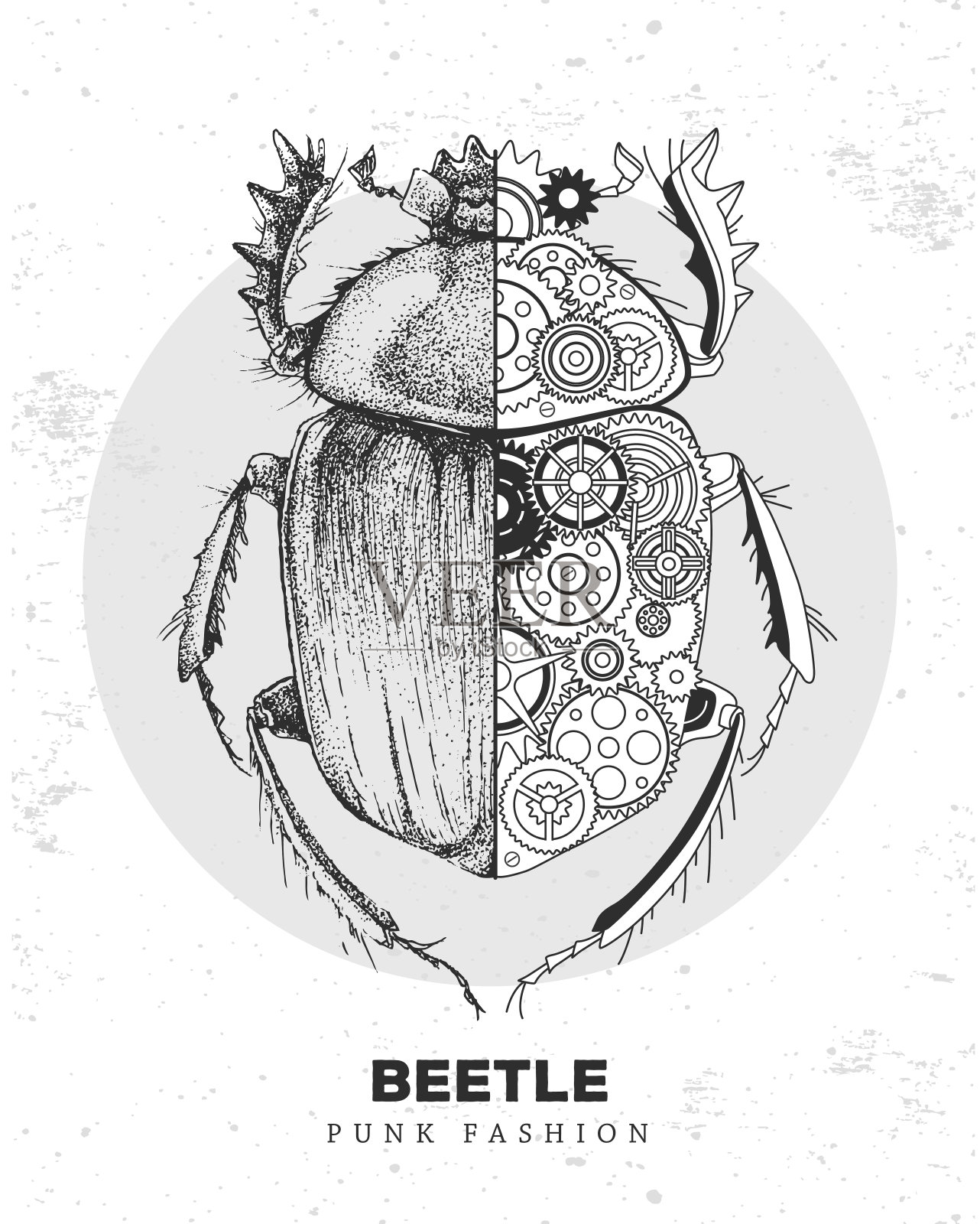 现实主义和朋克风格甲虫插图。有齿轮的甲壳虫轮廓。矢量图插画图片素材
