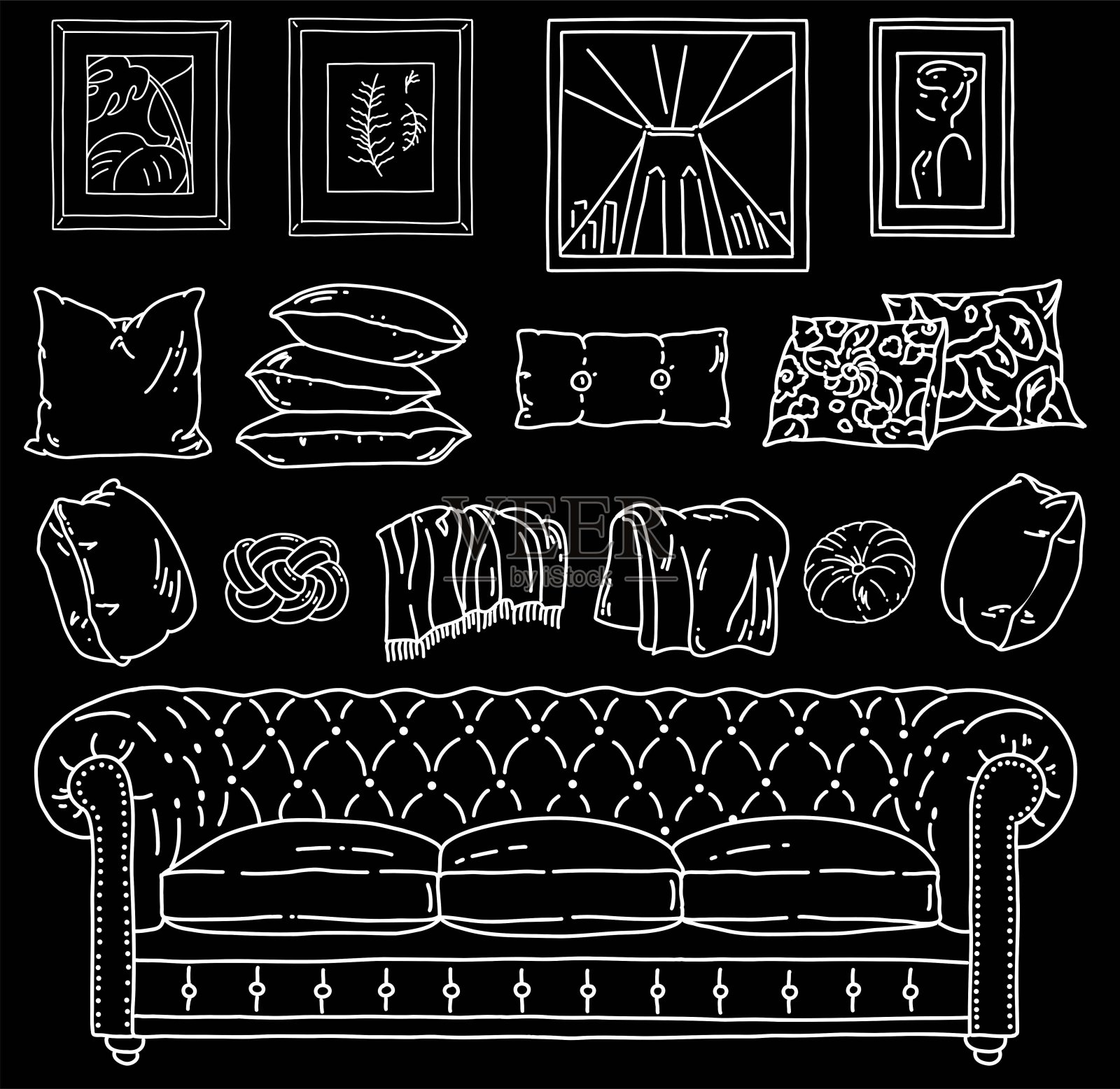 家庭房间内部构造。手绘家具阁楼风格。矢量插图与沙发，枕头，格子，在墙上的图片。插画图片素材