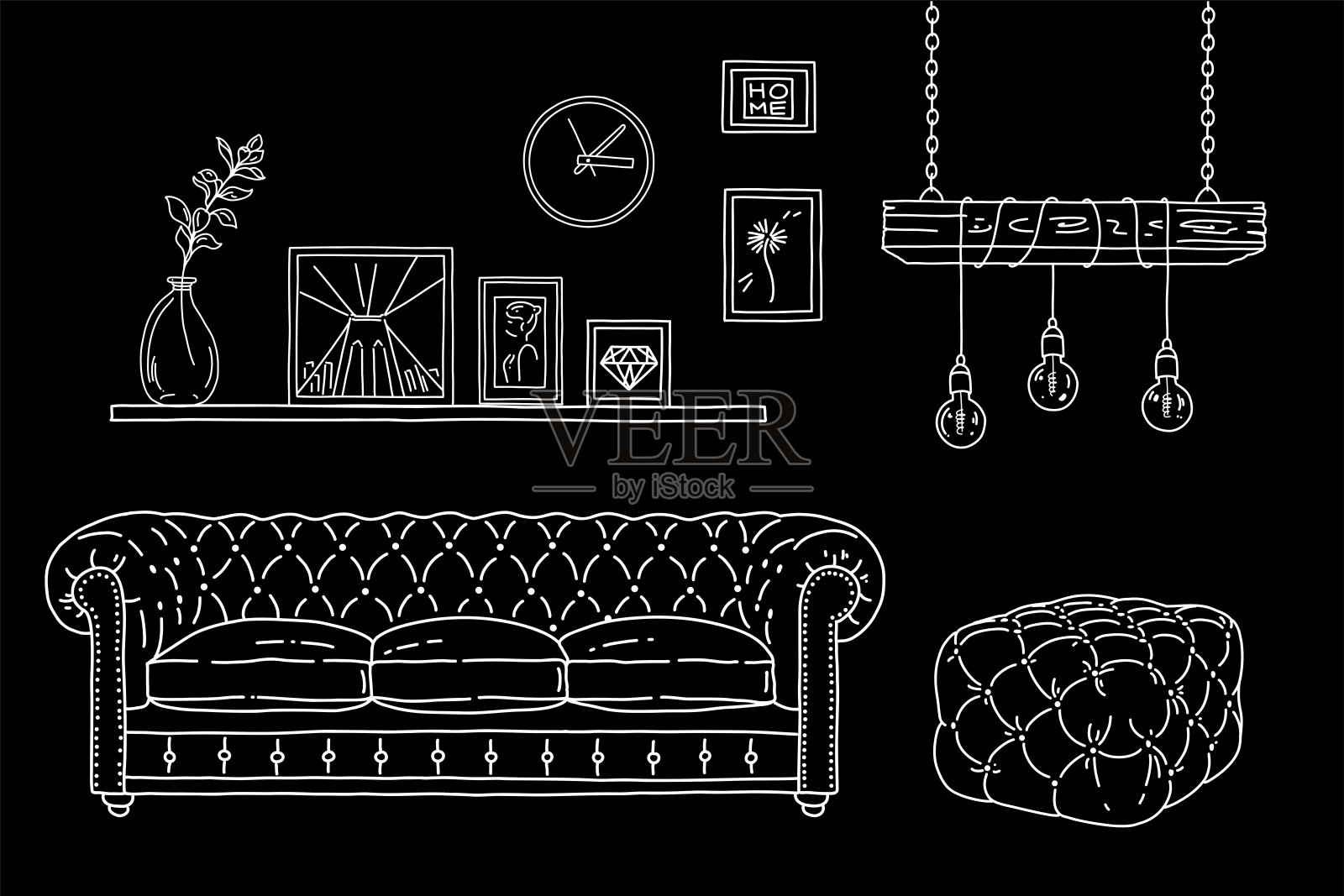 素描居住的公寓。矢量插图与沙发，蒲团，灯，相框。阁楼风格室内。插画图片素材