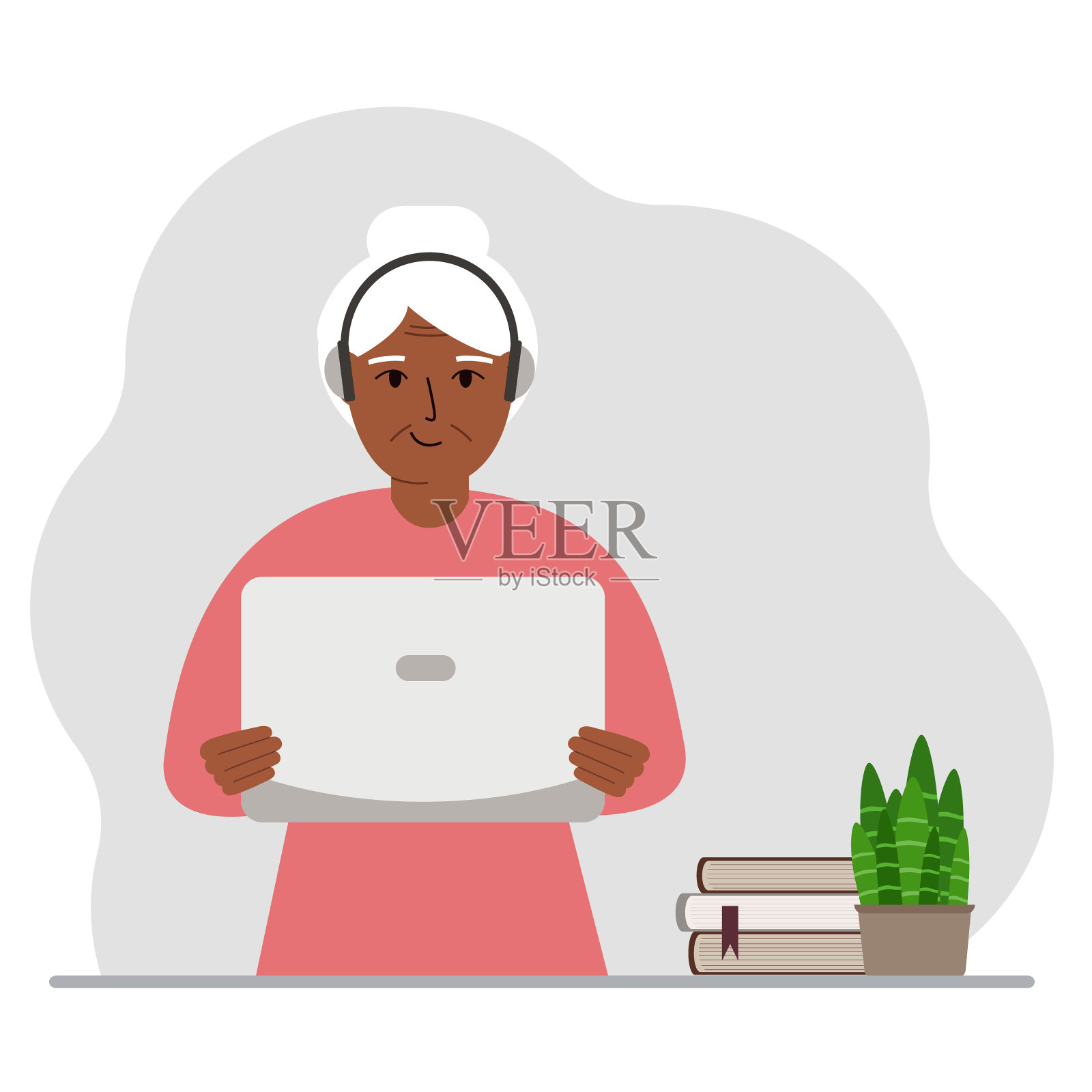 一个带着笔记本电脑和耳机的老太太。在家工作，学生，自由职业者，助理，博客作者或商人。家庭办公室的概念。插画图片素材