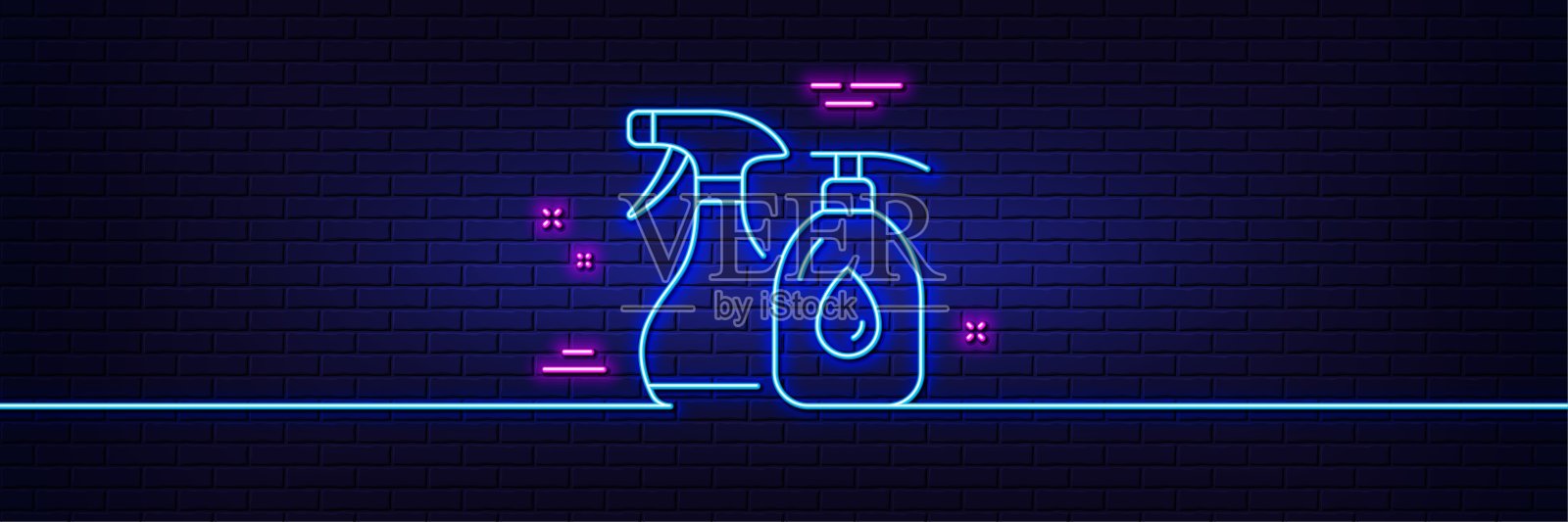 清洗液线图标。防腐喷涂标志。霓虹灯辉光效果。向量插画图片素材