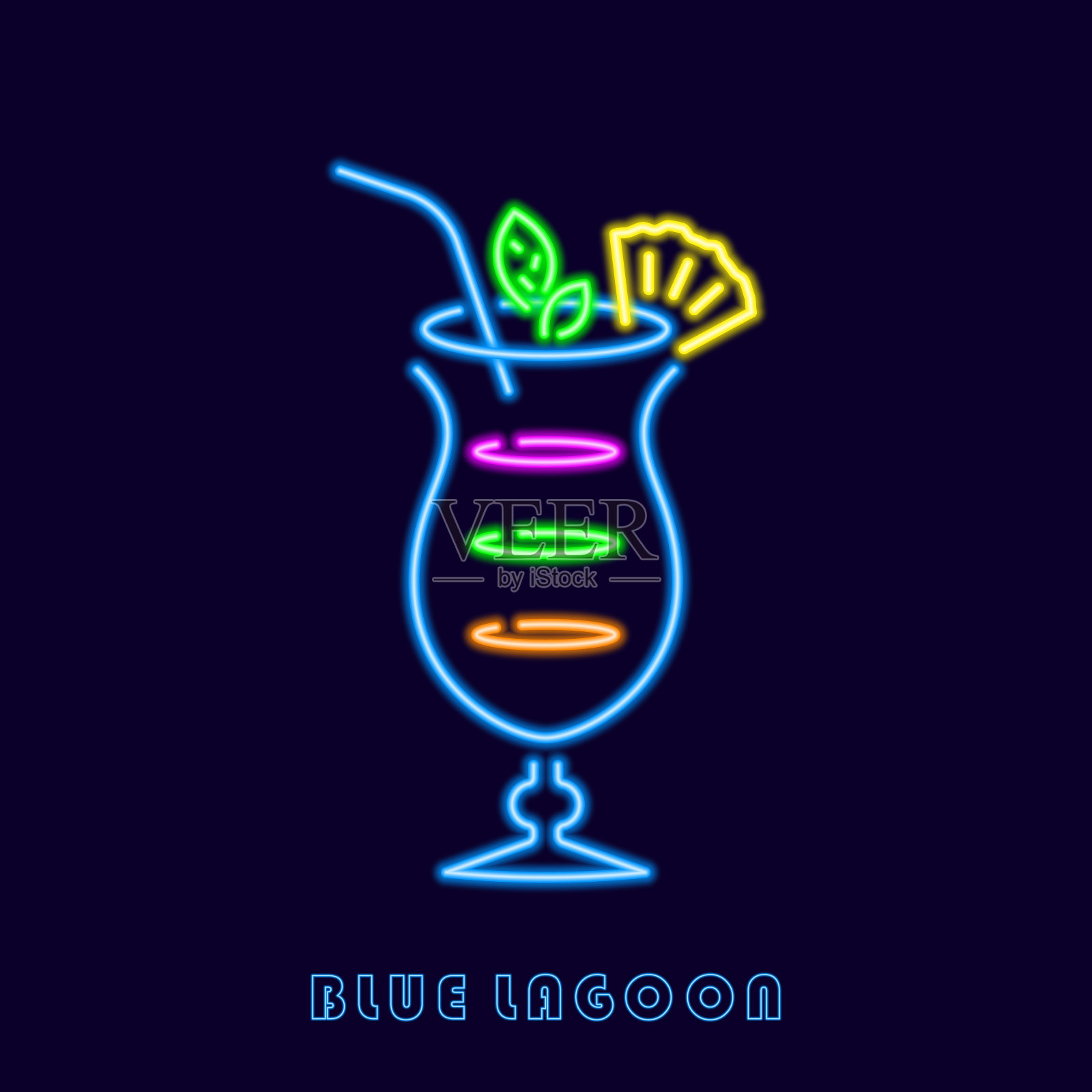 霓虹蓝色泻湖鸡尾酒。颜色鲜艳的高球饮料插画图片素材