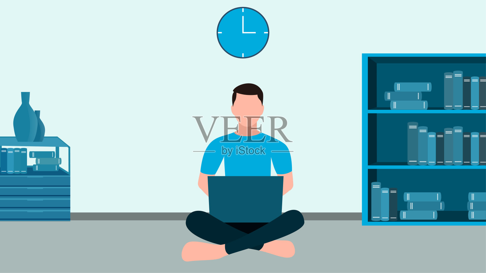 男人在膝上用笔记本电脑工作，在家工作和灵活的工作时间字符向量插图。插画图片素材