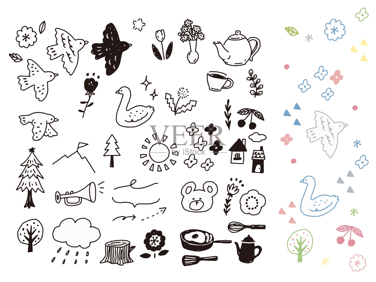 黑白，单调，线描插图(手写，时尚，北欧，鸟，花)黑白，单调，线描插图。手写，时尚，时尚，北欧，鸟，花。插画图片素材