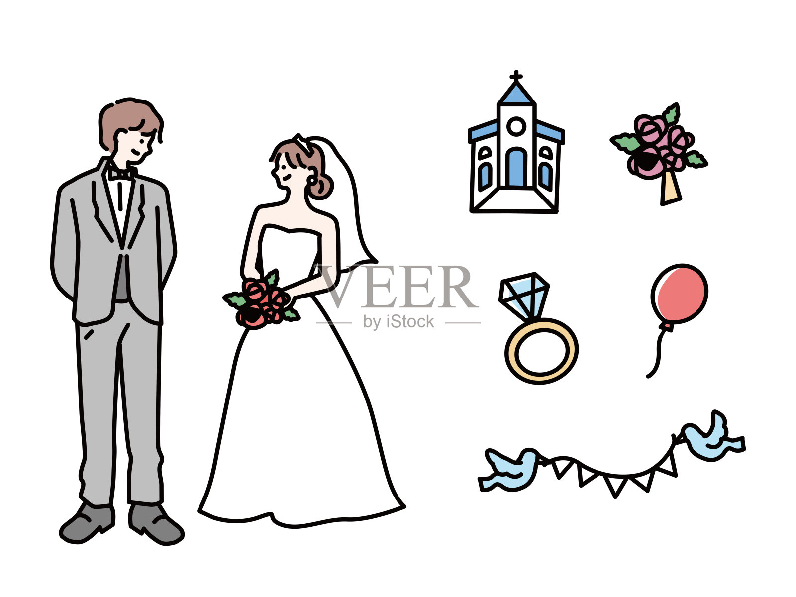 婚礼插图(婚姻，婚礼，接待，礼服，花束，幸福，夫妇，教堂)一个婚礼插图。婚礼，婚礼，招待会，礼服，花束，幸福，新婚夫妇，教堂。插画图片素材