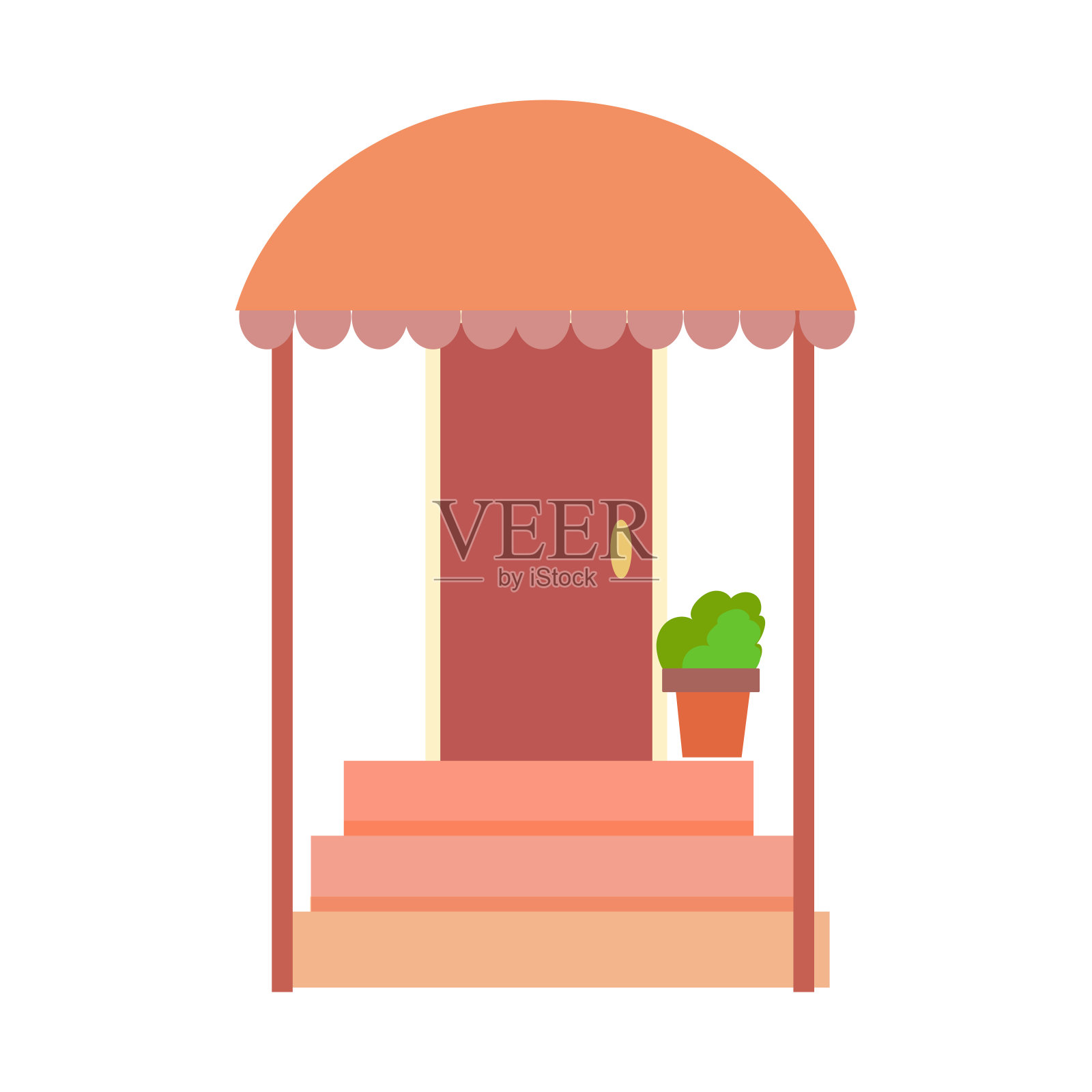 一扇简单的前门或内门。房子内部的一部分。门廊的房子有石阶。矢量插图孤立在白色背景上。卡通风格。插画图片素材