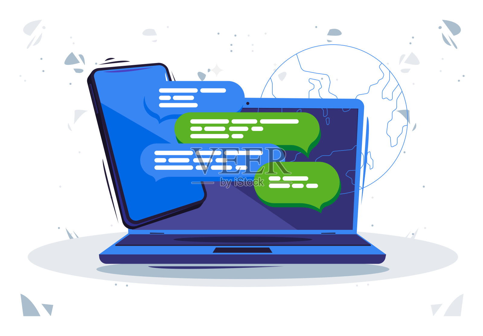一个打开的笔记本电脑和智能手机的矢量插图与一个在线聊天窗口，导出设备之间的聊天插画图片素材
