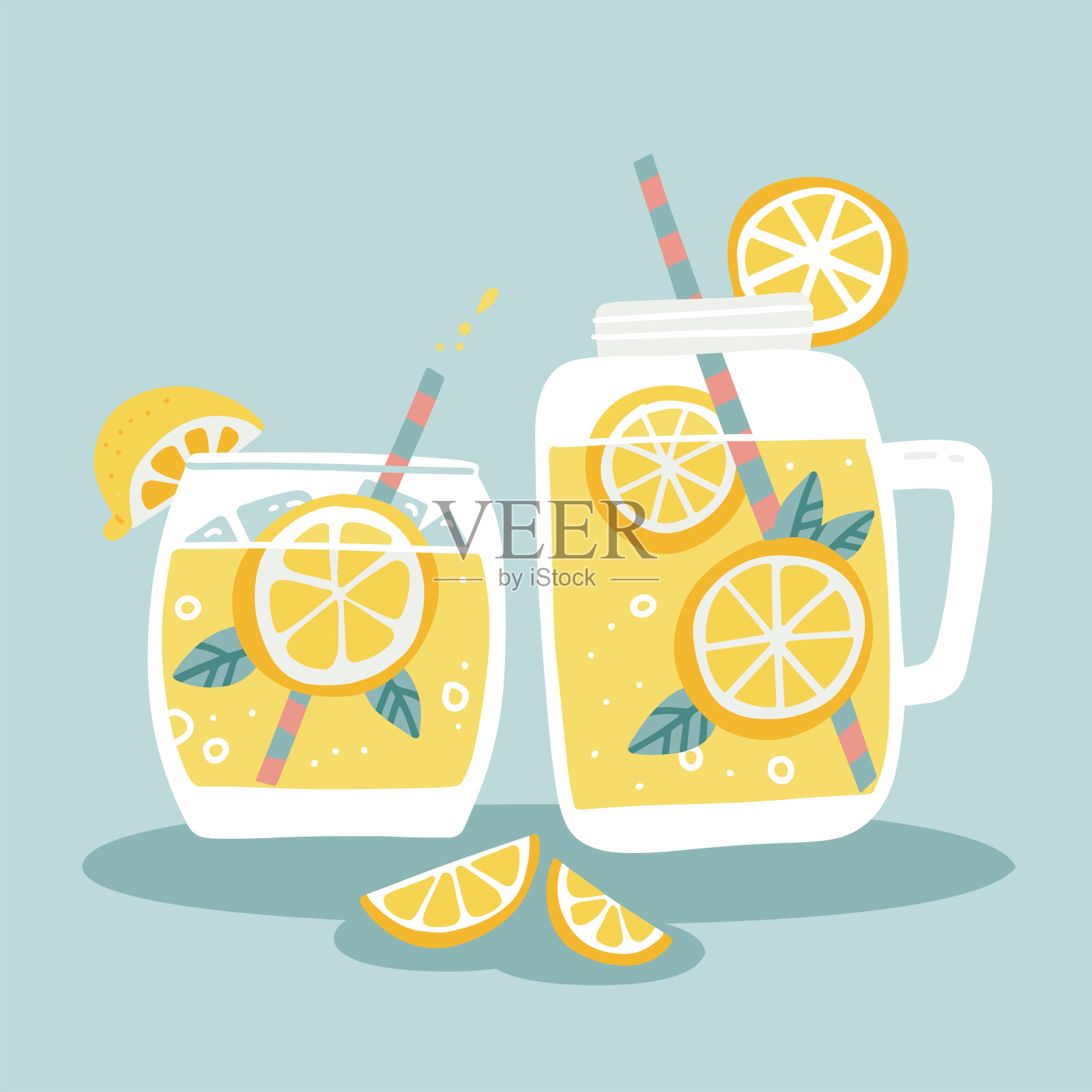 柠檬汁是用玻璃杯和罐子混合而成的天然饮料和成熟柠檬。静物与夏季新鲜饮料，柠檬片和条纹吸管。平面手绘矢量插图。插画图片素材