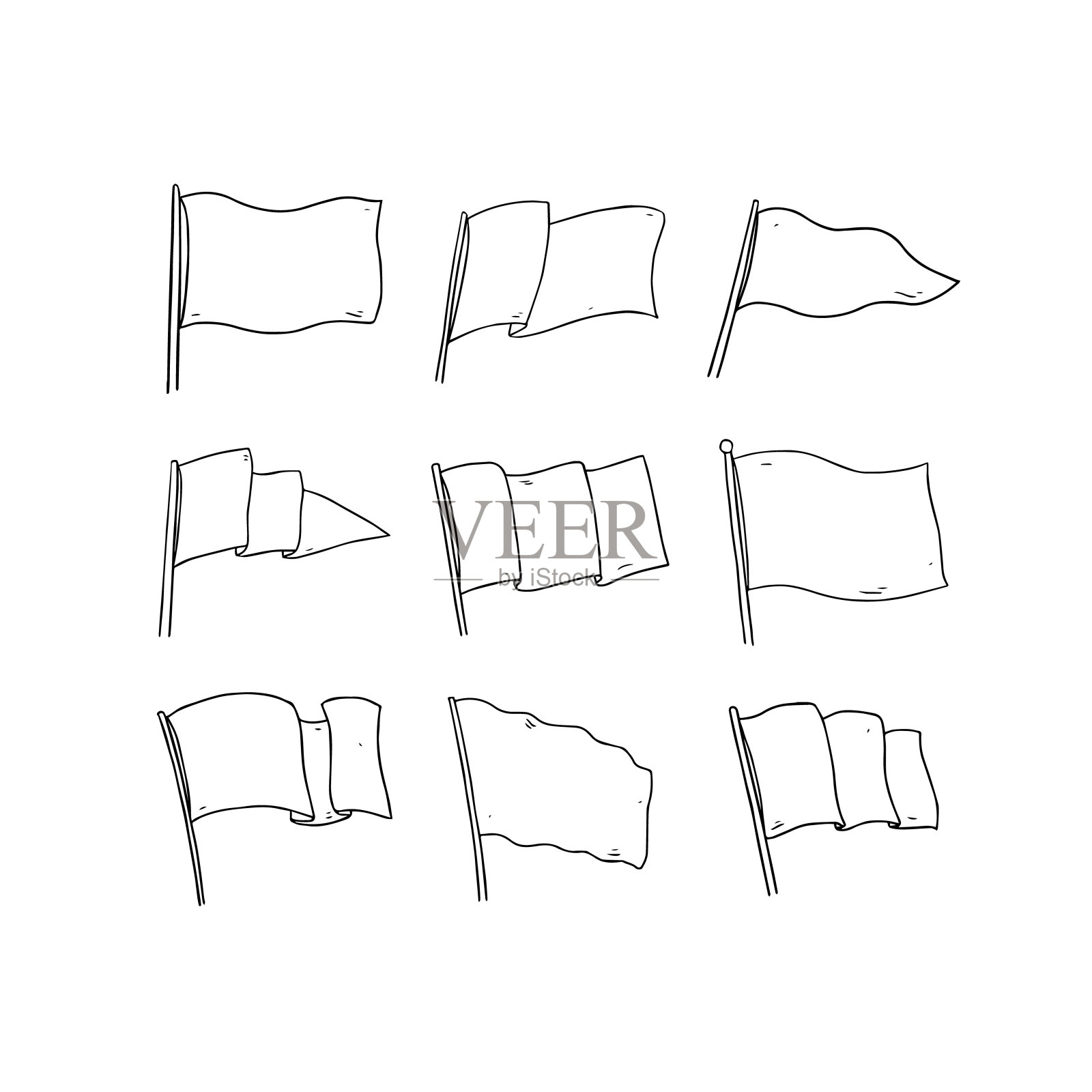 在白色背景上的旗帜的手绘矢量插图。空白白旗。旗轮廓剪辑艺术。设计元素图片