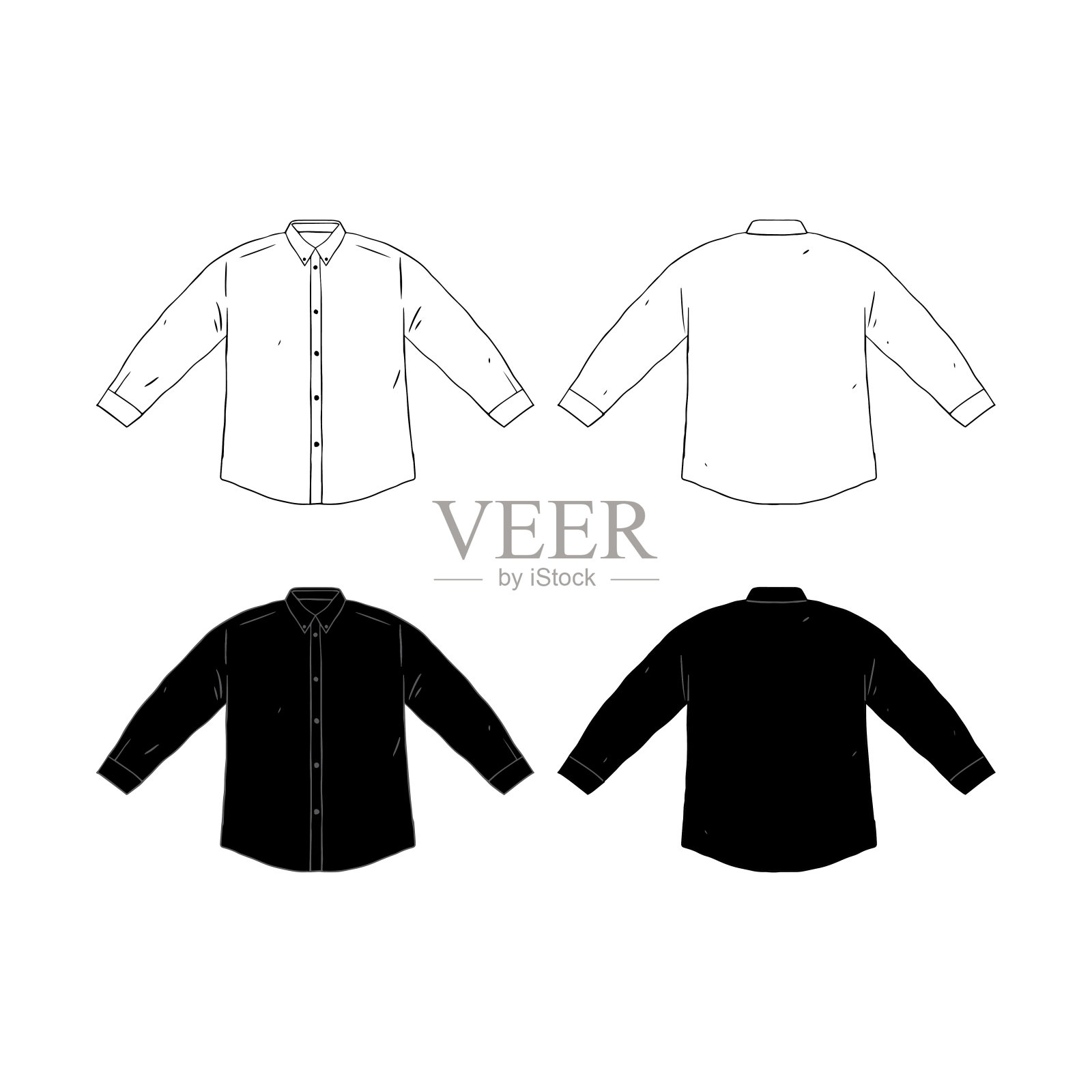 一套空白长袖衬衫设计模板手绘矢量插图。衬衫的前后两侧。白色和黑色的男性衬衫在白色的背景。插画图片素材