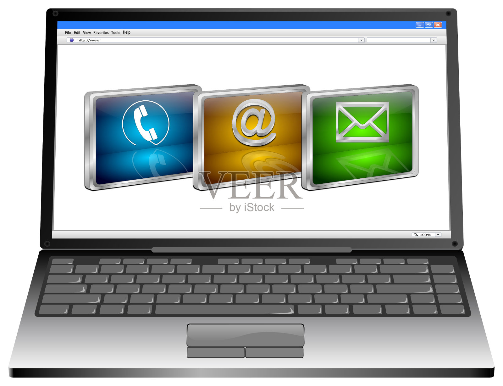 笔记本电脑与联系我们按钮- 3D插图照片摄影图片
