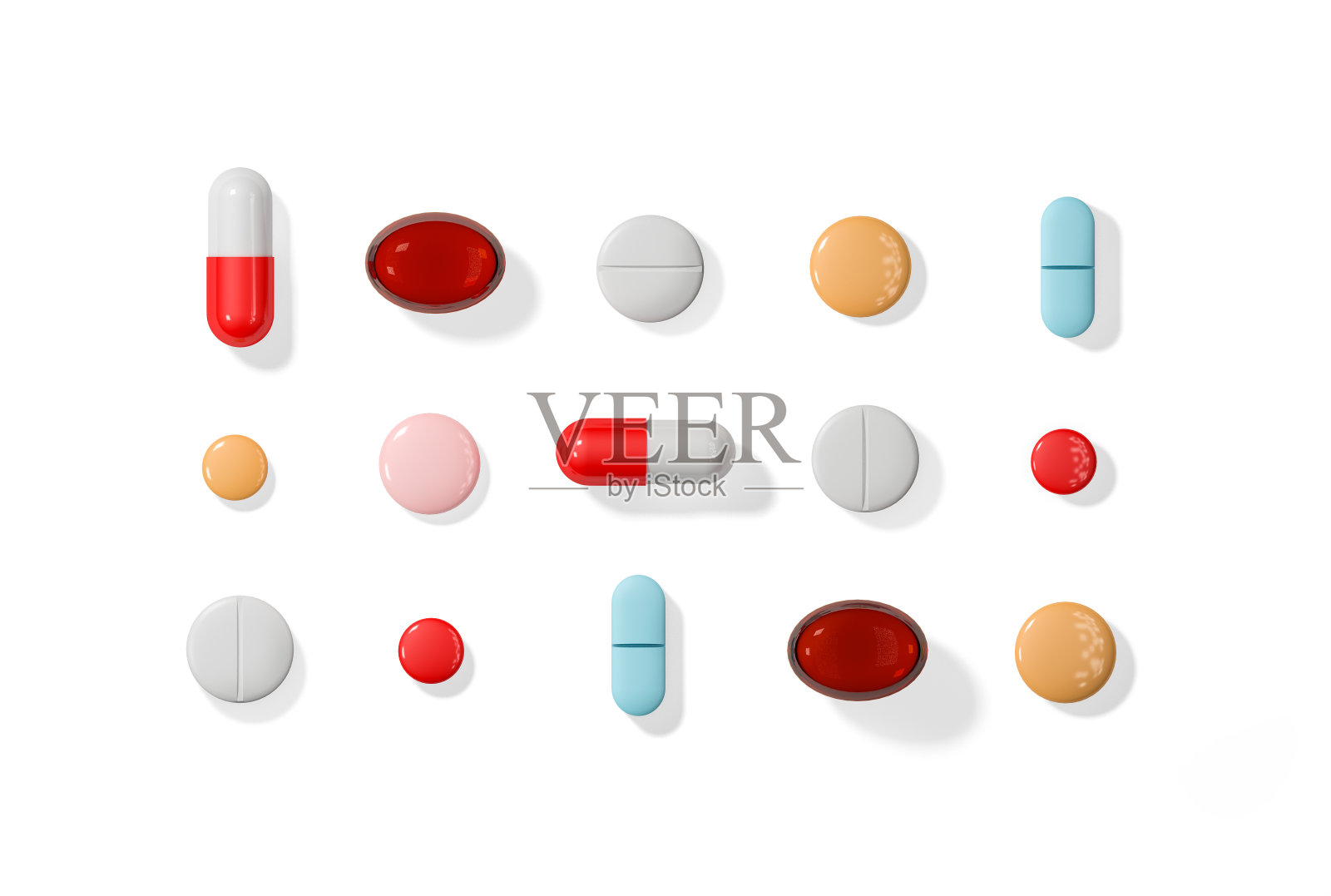 白色背景上不同的彩色药丸照片摄影图片