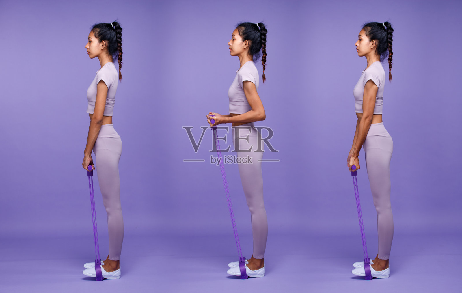 拼贴全身亚洲身材苗条晒黑肌肤健身女性热身伸展ABS手臂照片摄影图片