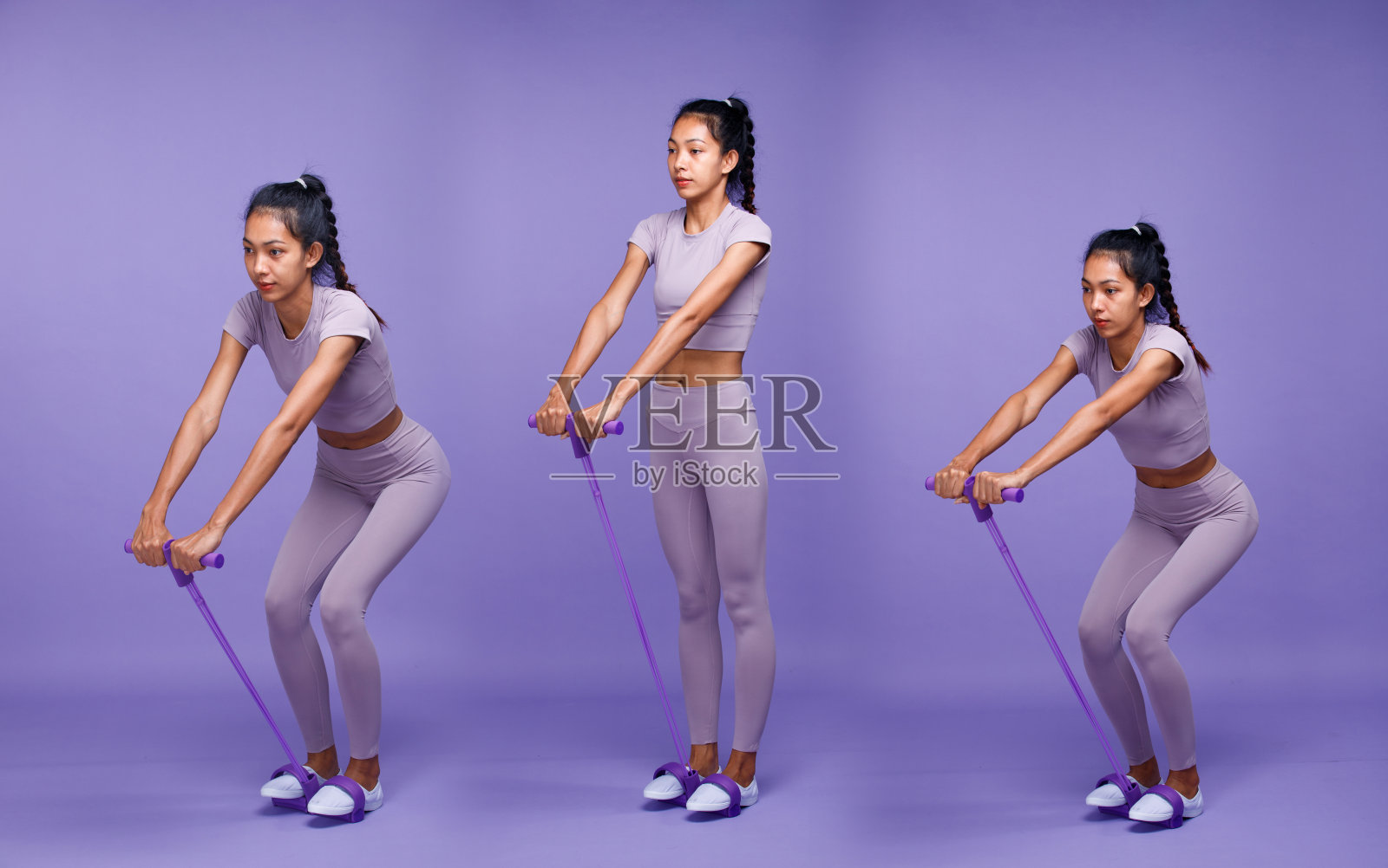 拼贴全身亚洲身材苗条晒黑肌肤健身女性热身伸展ABS手臂照片摄影图片