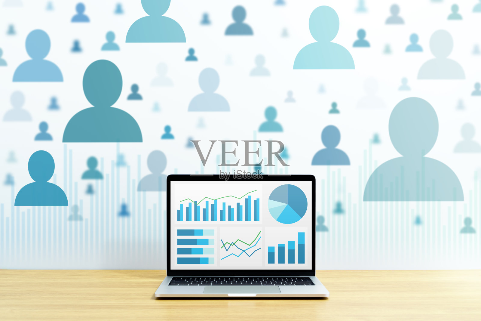 大数据分析和数据科学。许多蓝色的人图标和笔记本电脑。照片摄影图片