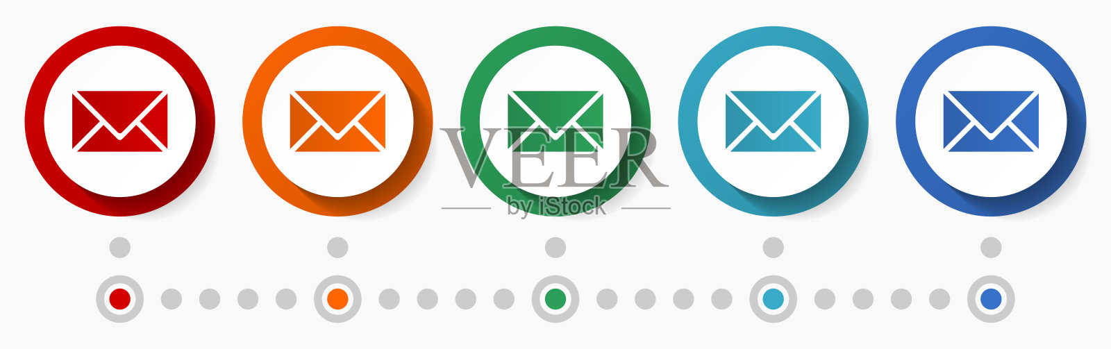 电子邮件，信封概念矢量图标集，平面设计彩色按钮，信息图形模板在5种颜色的选项图标素材