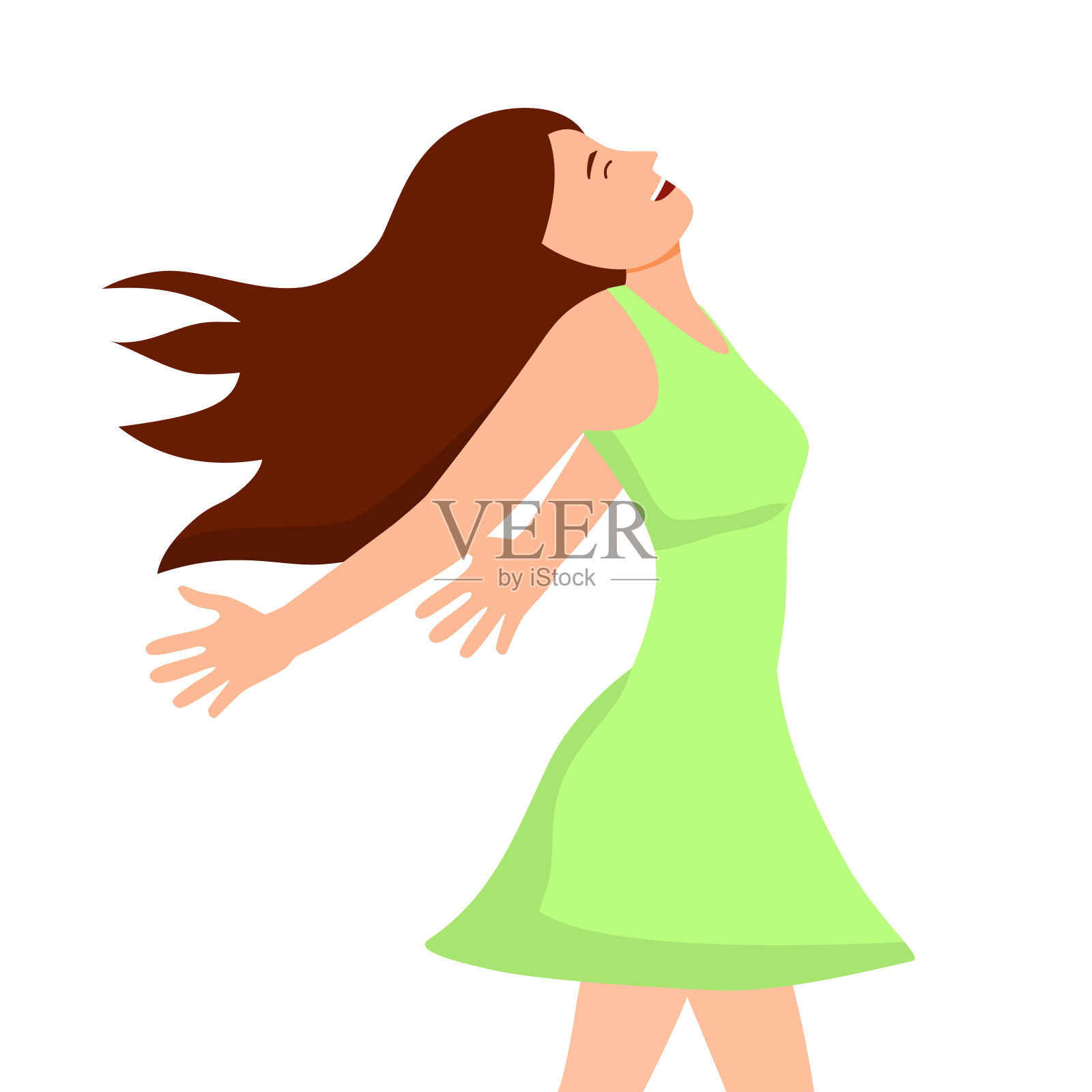 女人呼吸自由的幸福表达在平面设计在白色的背景。插画图片素材